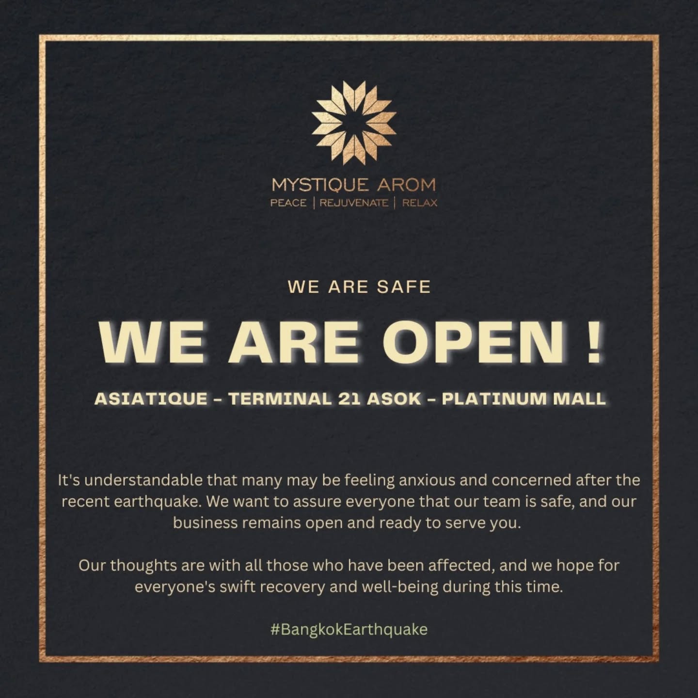 We are safe !
#mystiquearom #bangkokearthquake