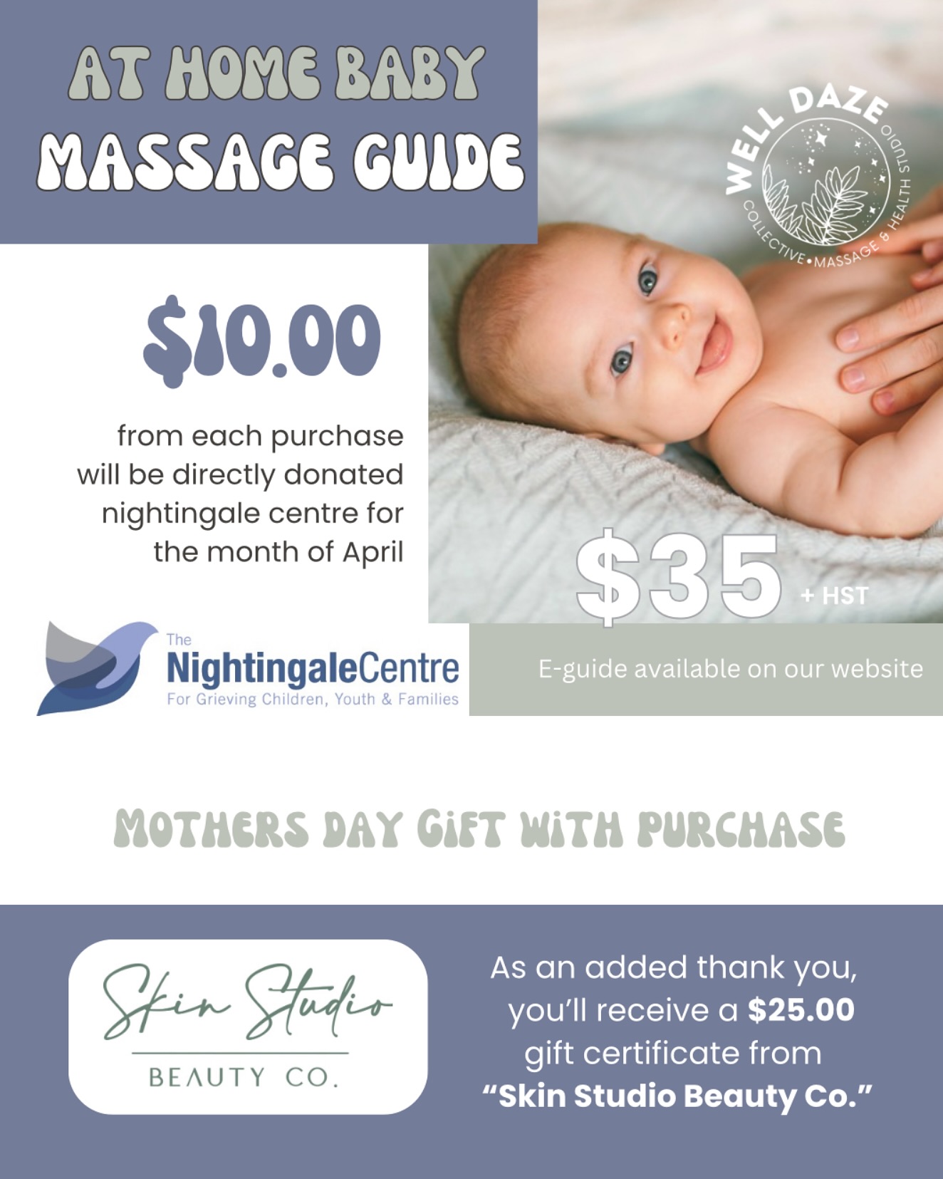 APRIL PROMO — No joke!👶🏻 To celebrate the launch of my at home baby massage guide I’ve teamed up with two amazing local businesses to make this offer extra special just in time for Mothers day.
When you purchase The at home guide for baby massage this month - you will receive a $25 gift from @skinstudiobeautyco ✨AND — I will be donating $10.00 from EVERY PURCHASE to @nightingalecentre.
So you can feel a little extra generous about your purchase knowing it’s helping people in our community 🩵
Like.Share.Purchase help me get the word out & help our community!
#guelphbusiness#charity#donation#aprilpromo#giftwithourchase#beauty#babymassage#infantmassage#guelphbaby#wellness#guelphontario#kw#kitchener#cambridge#fergus#centrewellington#mothersday