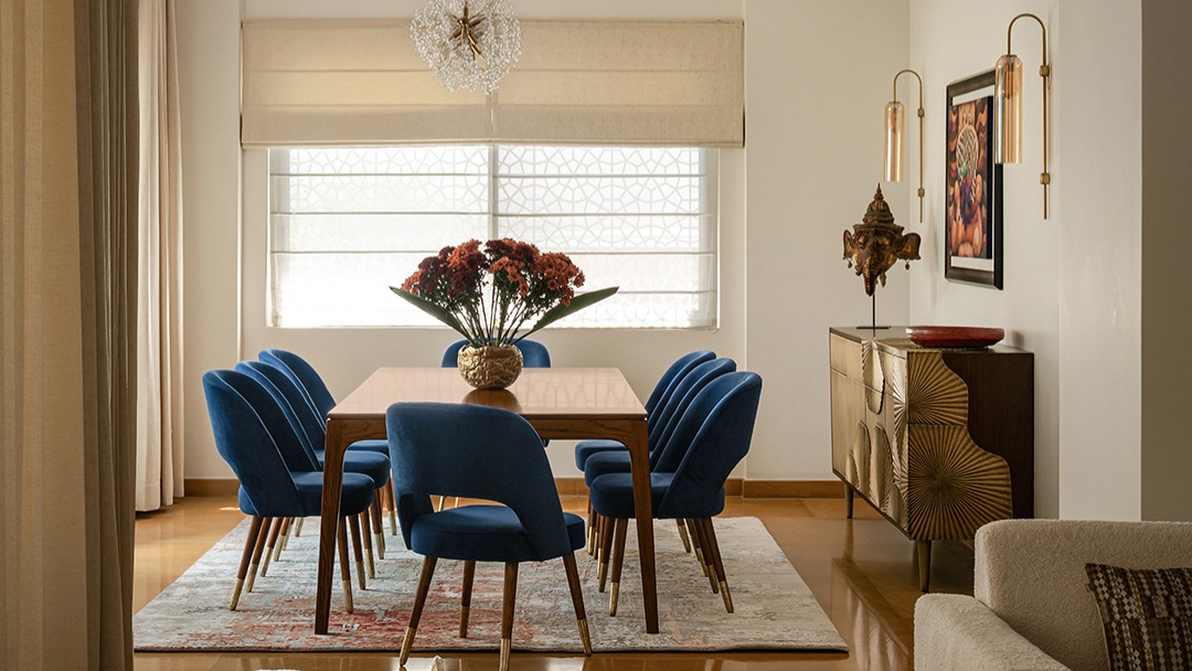 Project Thuzha: The Dining Area
The dining area exudes understated elegance- the muted color palettes serve up as the perfect staging for pieces of high craftsmanship - a novel ethnic mask, a sculptural console in brass, an intricate yet majestic chandelier of crystals woven with gold. Traces of beige and gold in the upholstery and furniture details tie the aesthetic together seamlessly.
Design and execution : Furbishy
Photography : Nayan Soni @nayansoni21
Cinematography: Create Stories @createstories.in
Styling : Shivani Raina @theshalomhome