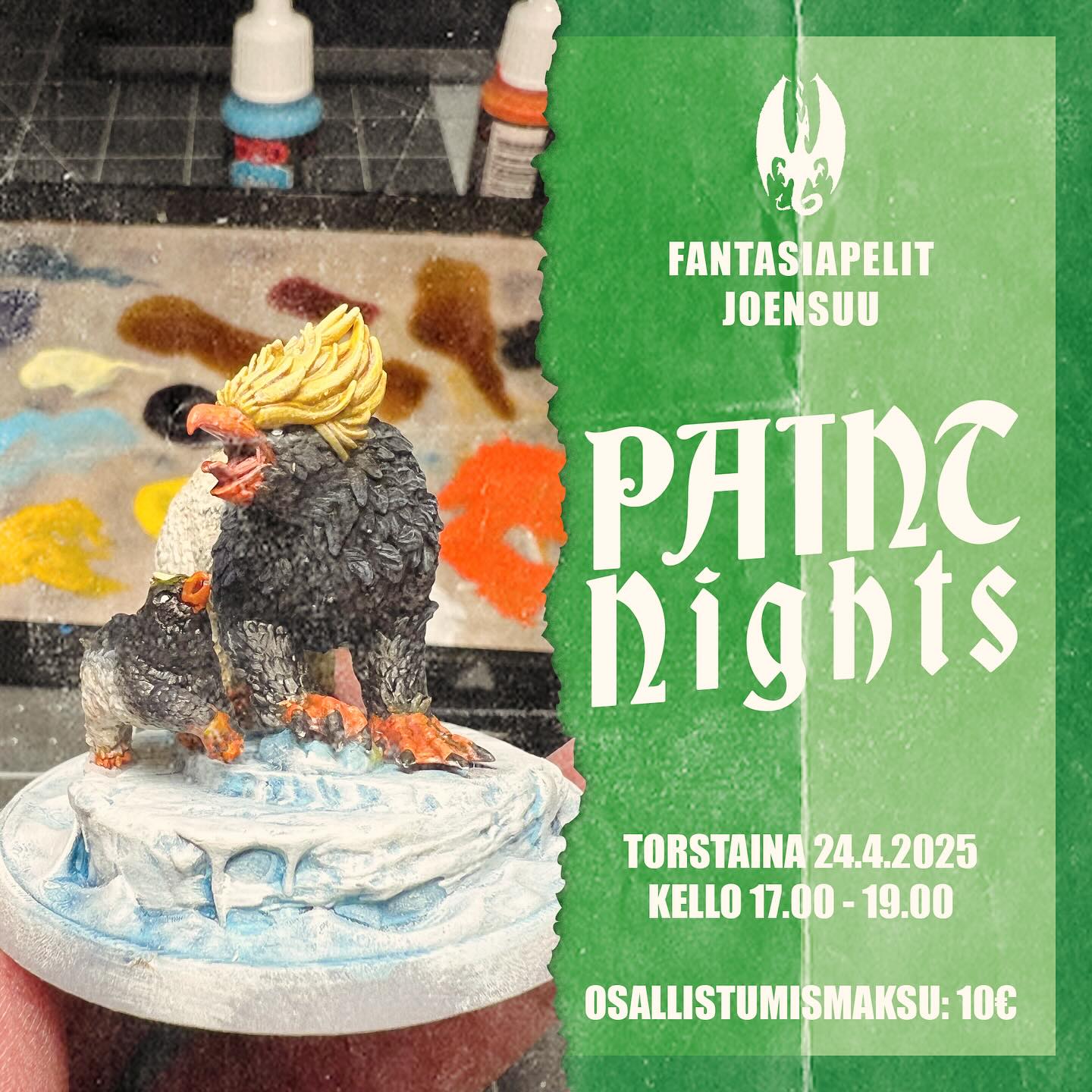 FANTASIAPELIT JOENSUU: PAINT NIGHTS on Fantasiapelit Joensuun, Pasi’s Fantastic Hobbiesin ja Mannun Vartijat Ry:n kanssa yhteistyössä järjestämä matalan kynnyksen miniatyyri maalaustapahtuma, jossa on voit tulla kokeilemaan miniatyyrien maalaamista. Kaikki välineet ja materiaalit tulevat tapahtuman puolesta!
Mitä on luvassa?
-Ohjattua miniatyyrien maalausta, voit osallistua ilman aiempaa kokemusta.
-Omia maalalusvälineitä ei tarvita! Kaikki tarvittava löytyy paikan päältä.
- Mahdollisuus tutustua uuteen harrastukseen, rennossa ilmapiirissä.
Kenelle tapahtuma sopii? Kaikille, jotka ovat kiinnostuneita miniatyyrien maalauksesta! Voit tulla yksin tai porukalla.
Osallistumimaksu tapahtumaan on 10 € ja se sisältää maalausvälineet sekä maalattavan miniatyyrin. Osallistumismaksun voi maksaa ennakkoon tai tapahtumapäivänä Fantasiapelit Joensuun tiskillä!
Nähdään maalauspöydässä!
#miniatyyrimaalaus #figumaalaus #miniaturepainting #fantasiapelit #fantasiapelitjoensuu #pasisfantastichobbies #harrastukset #joensuu