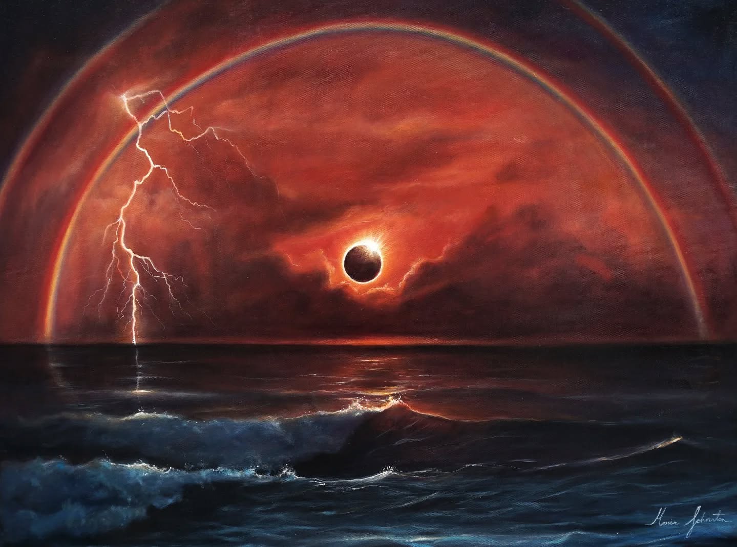 We made it through! But my God, did anyone else feel that eclipse super intensely? 2025 planets are doing some heck of a cosmic disco dance 🪐💃✨️🔥
I often refer back to this painting entitled 'Eclipsed path' during intense eclipses, and quite a few have passed now since painting this one. The simple symbology of this still continues to speak to me. Was first conceived from a vivid dream I had in right before the total solar eclipse in 2017. I tried to paint it exactly as I saw the scene in my dream. Looking at this is like looking in through a window to my dream world.
How does this painting speak to you?
Image 'Eclipsed Path' - 70 x 80cm Oils on Canvas -Original SOLD
Prints available mariajohnstonartist.com
#eclipse #eclipse2025 #solareclipse #marchsolareclipse #Oils #oilpainting #eclipseart #doublerainbow #lightening #cosmicchaos #Eclipseportal #march29th #visionaryart #visionaryartist