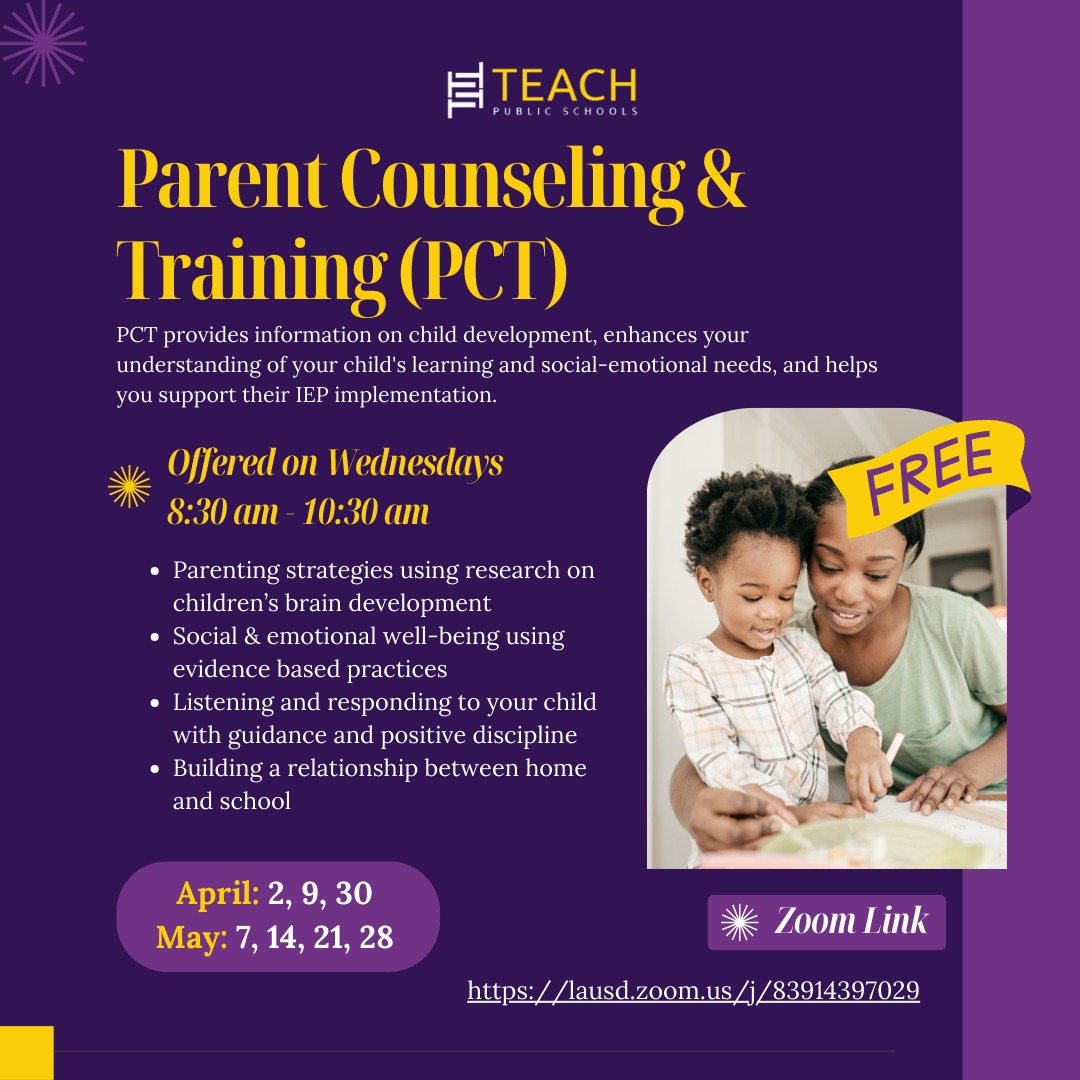 ๐ข TEACH Families! ๐
LAUSDโs Division of Special Education invites you to Parent Counseling & Training (PCT) virtual workshops! ๐ฅ๏ธโจ Learn about child development, parenting strategies, social-emotional well-being, and supporting your childโs IEP. ๐ก๐
๐
English: Wednesdays | 8:30 AM - 10:30 AM
๐
Spanish: Thursdays | 8:30 AM - 10:30 AM
๐ Join via Zoom: Link in bio!
๐ Next workshop: Tomorrow!
Donโt miss these valuable sessions!
#ParentSupport #SpecialEducation #TEACHFamilies #ParentWorkshops #PositiveParenting #IEPSupport #StrongerTogether #EducationMatters