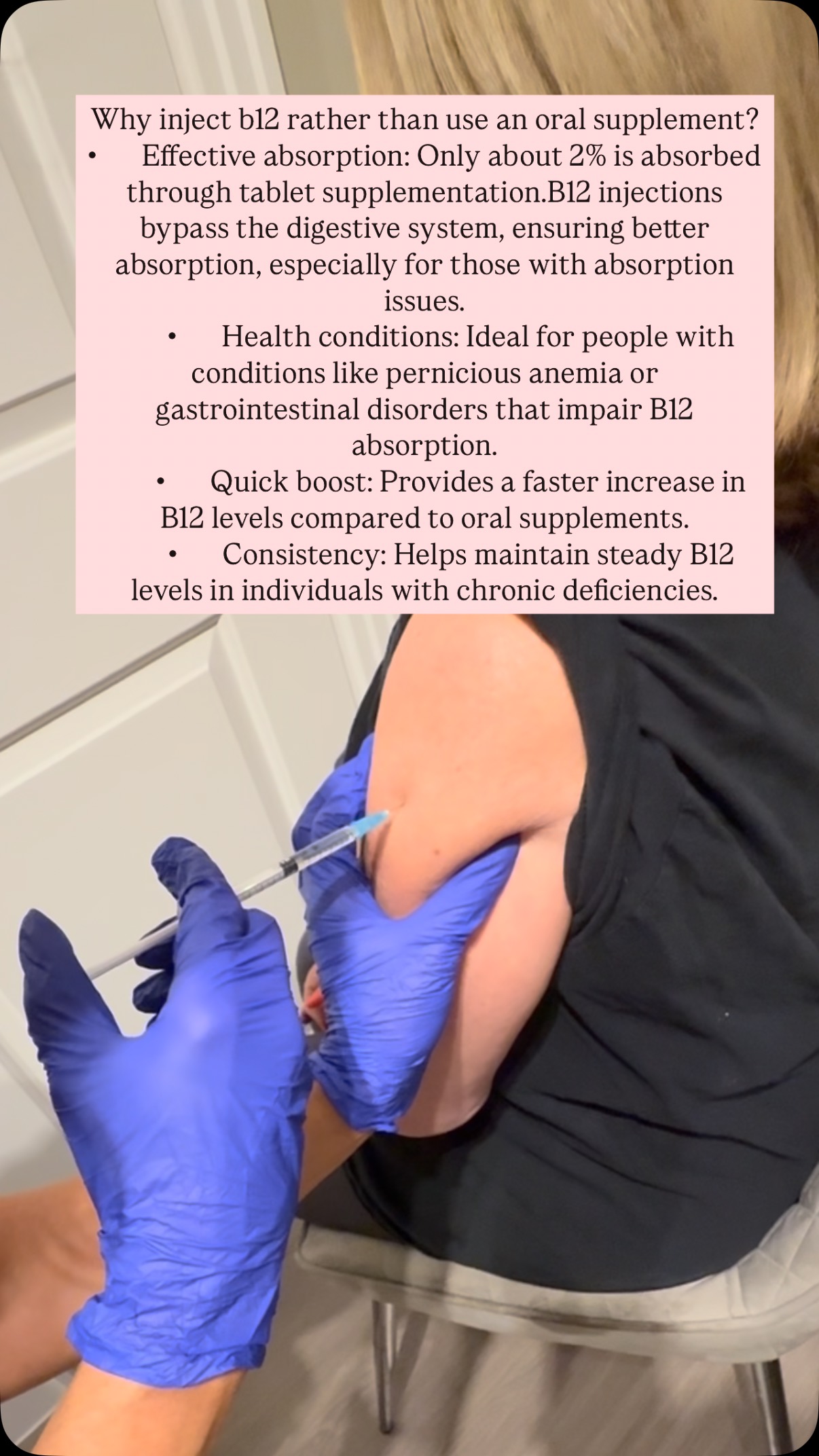 Why inject b12 rather than use an oral supplement?
• Effective absorption: Only about 2% is absorbed through tablet supplementation.B12 injections bypass the digestive system, ensuring better absorption, especially for those with absorption issues.
• Health conditions: Ideal for people with conditions like pernicious anemia or gastrointestinal disorders that impair B12 absorption.
• Quick boost: Provides a faster increase in B12 levels compared to oral supplements.
• Consistency: Helps maintain steady B12 levels in individuals with chronic deficiencies.
#wellnessjourney #ivtherapy #healthyliving #b12 #vitaminboost #energyboost #healthfirst #healthyaging #brainhealth