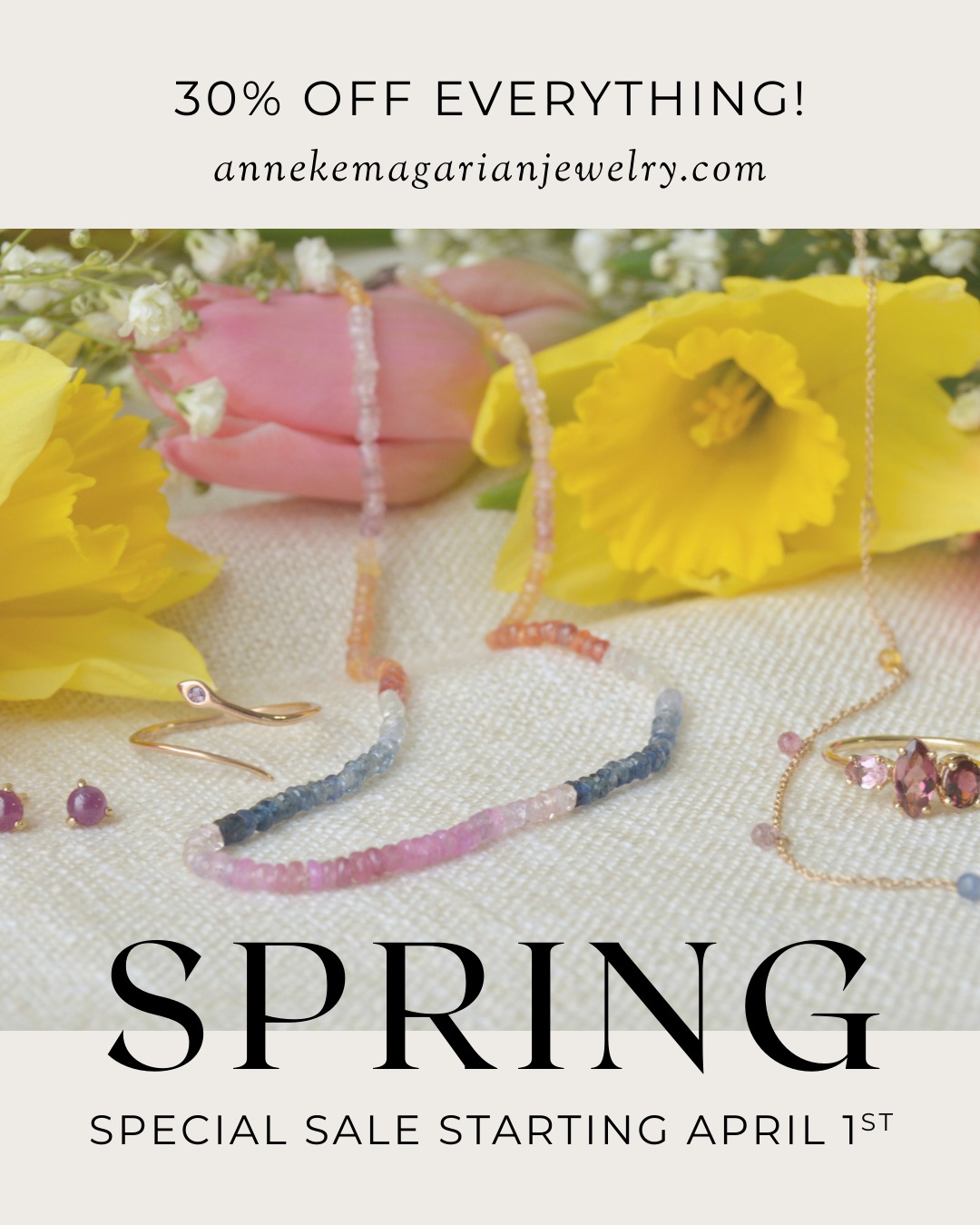 Change is coming, but so is a treat for you. 🌸
Starting April 1st, all jewelry will be 30% off for the entire month to celebrate spring and to make the transition to updated pricing a little easier. With rising gold and silver costs, my prices will increase permanently in May 💐 but for now, it’s the perfect time to grab that piece you’ve been eyeing.
Set your reminders, a sale this big won’t be back anytime soon!
