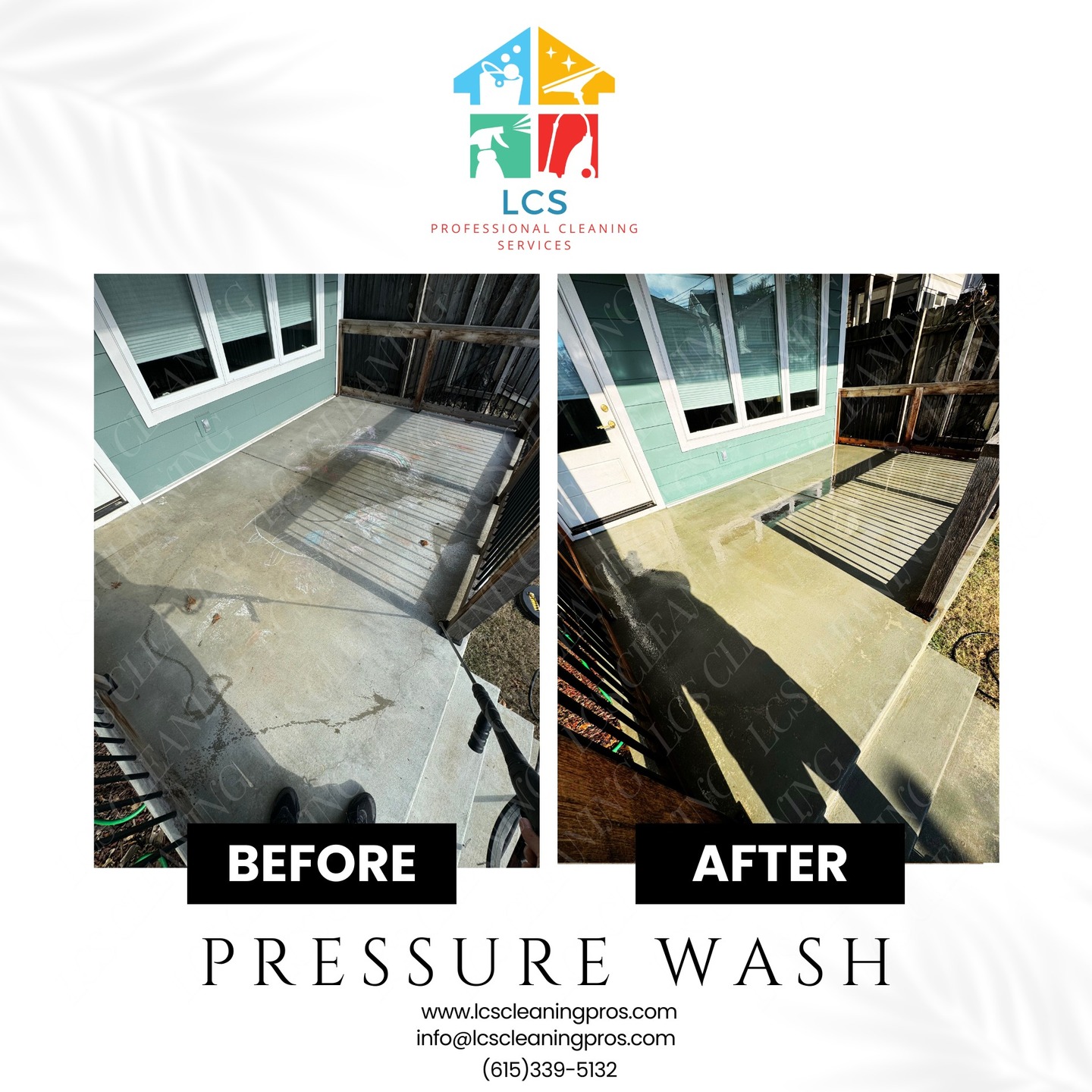 Sell Faster, Impress More: Professional Front Porch Makeovers!
Your front porch is the gateway to your home in Nashville or Franklin. Ensure it reflects the highest standards with our professional pressure washing services. Perfect for contractors looking to sell or homeowners eager to show pride in their properties. We do more than just clean – we transform!
lcscleaningpros.com
info@lcscleaningpros.com
6153395132