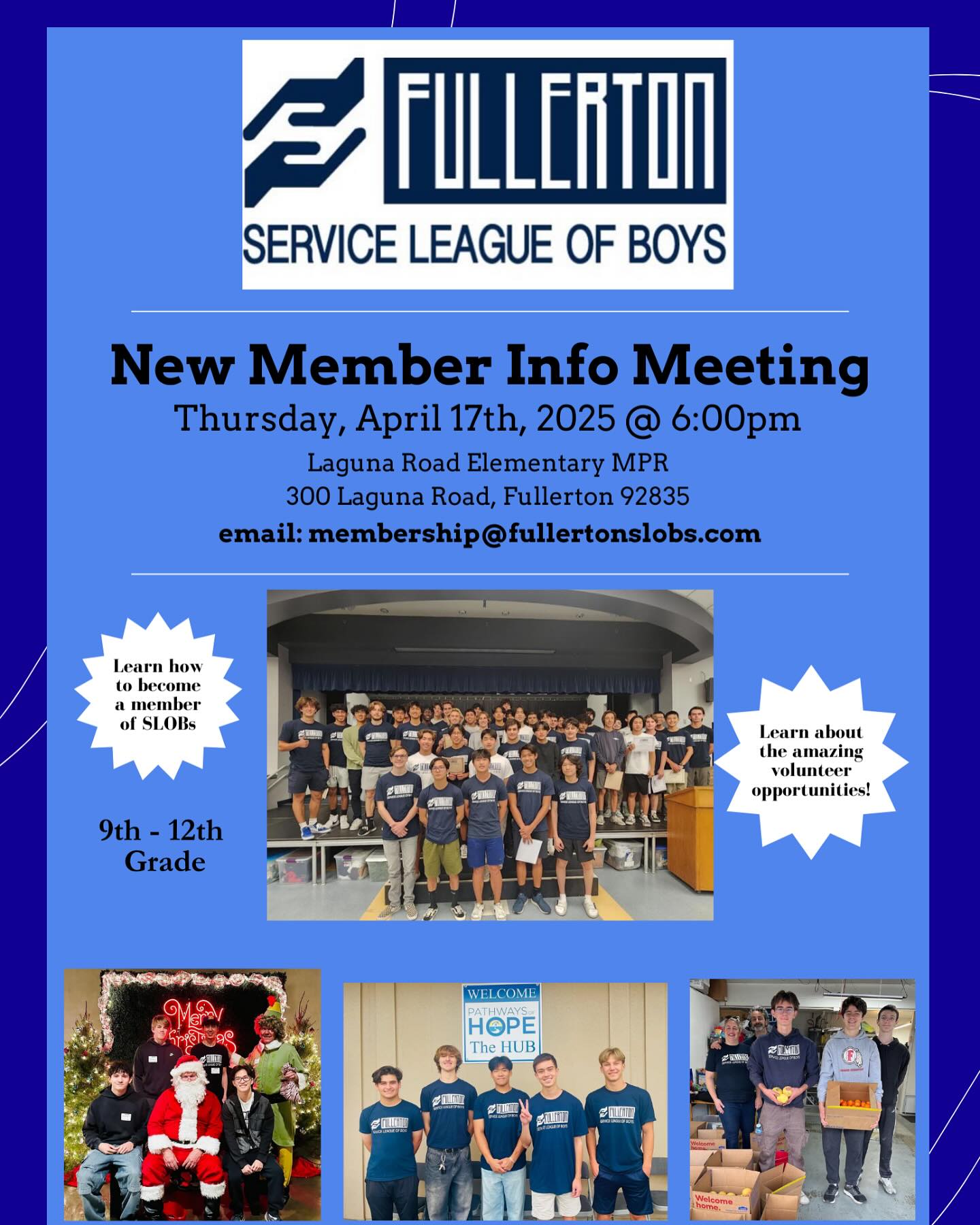 We will be having a new member information meeting on Thursday April 17th at 6pm at Laguna Road Elementary in the MPR. Invite your friends (who will be high school students starting in the Fall) to join.