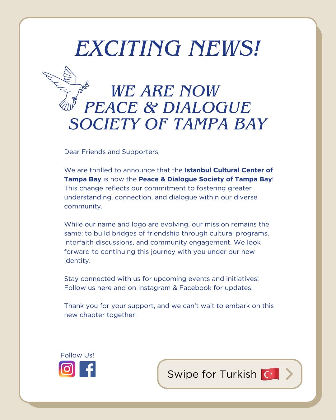 📣 Exciting News! 🌟
We are now Peace & Dialogue Society of Tampa Bay! 🎉
Our new name reflects our dedication to fostering understanding, connection, and meaningful dialogue in our diverse community. While our name and logo have evolved, our mission remains the same: building bridges of friendship through cultural programs, interfaith discussions, and community engagement.
Join us on this journey! Stay connected for upcoming events and initiatives. 💙
#peacedialoguetb #atlanticinstitute #tampabay #community #culturalexchange #hizmetcares