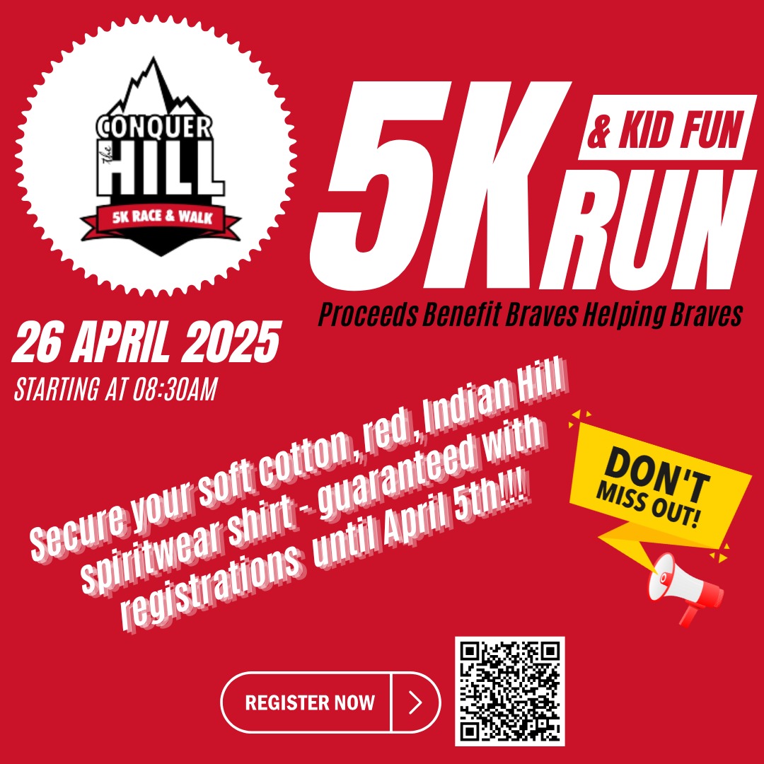 Secure your Conquer the Hill 2025 T-Shirt today and register❕
All registrations by April 5th will be guaranteed a shirt❗
This is a fun family event and a great way to support our students!
Go Braves ❤️🖤