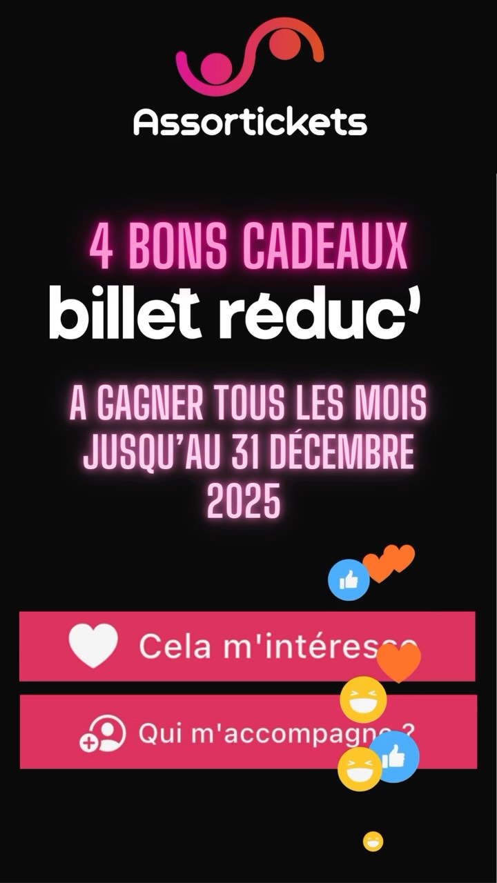 🎁 Tous les mois, on vous fait gagner 4 cartes cadeaux Billet Réduc’ d’une valeur de 25 € pour fêter la sortie d’Assortickets, l’application qui connecte les passionnés et leurs envies de sorties.
📌 Pour tenter ta chance :
✅ télécharge l’application et crée ton profil, (avec ou sans abonnement🫶)
✅ utilise l’appli régulièrement pour :
> créer ta liste de sorties,
> voire trouver une personne pour t’accompagner 👍
Suis @assortickets et @billetreduc_officiel pour plus de bonnes nouvelles 😊
Tirage au sort des gagnants parmi les utilisateurs de l’application et résultats du concours dans les 5 jours qui suivent la fin de chaque mois.
🍀 Bonne chance !!!
Les 4 gagnants mensuels seront contactés par e-mail via l’adresse utilisée lors de la création du profil sur l’application et annoncés en commentaire sur ce post.
Jeu valable à compter du 31 mars 2025 et jusqu’au 31 décembre 2025 inclus.
⚠️ 🚨 Attention aux faux comptes qui profitent des concours pour vous contacter. Ne communiquez jamais vos coordonnées bancaires 🚨⚠️
https://www.assortickets.com
#jeuconcours #culture #théâtre #bonplan