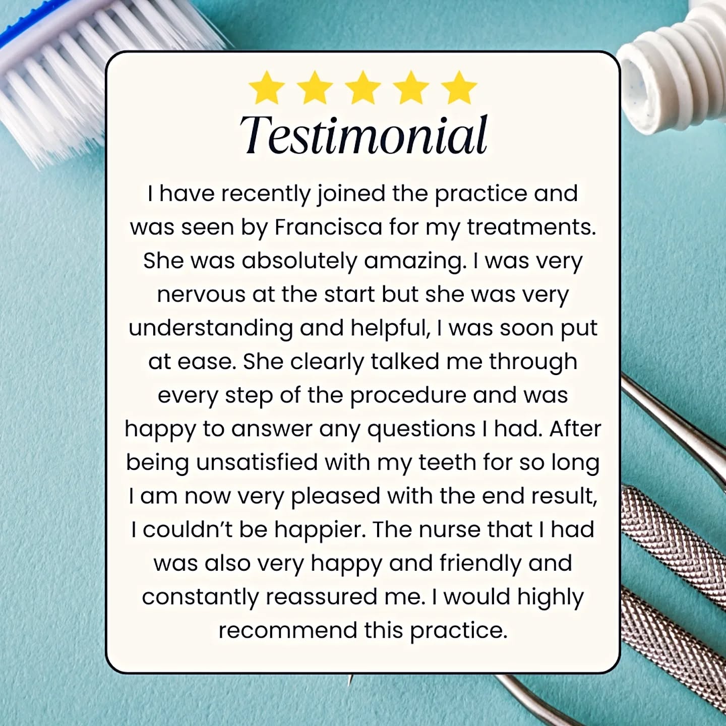 ☆☆☆☆☆
We are so grateful when our patients take time out of their day to leave us a review 🙏
We really appreciate your kind words and feedback.
You can find us on Google: 'brooklyn house dental practice' 💻