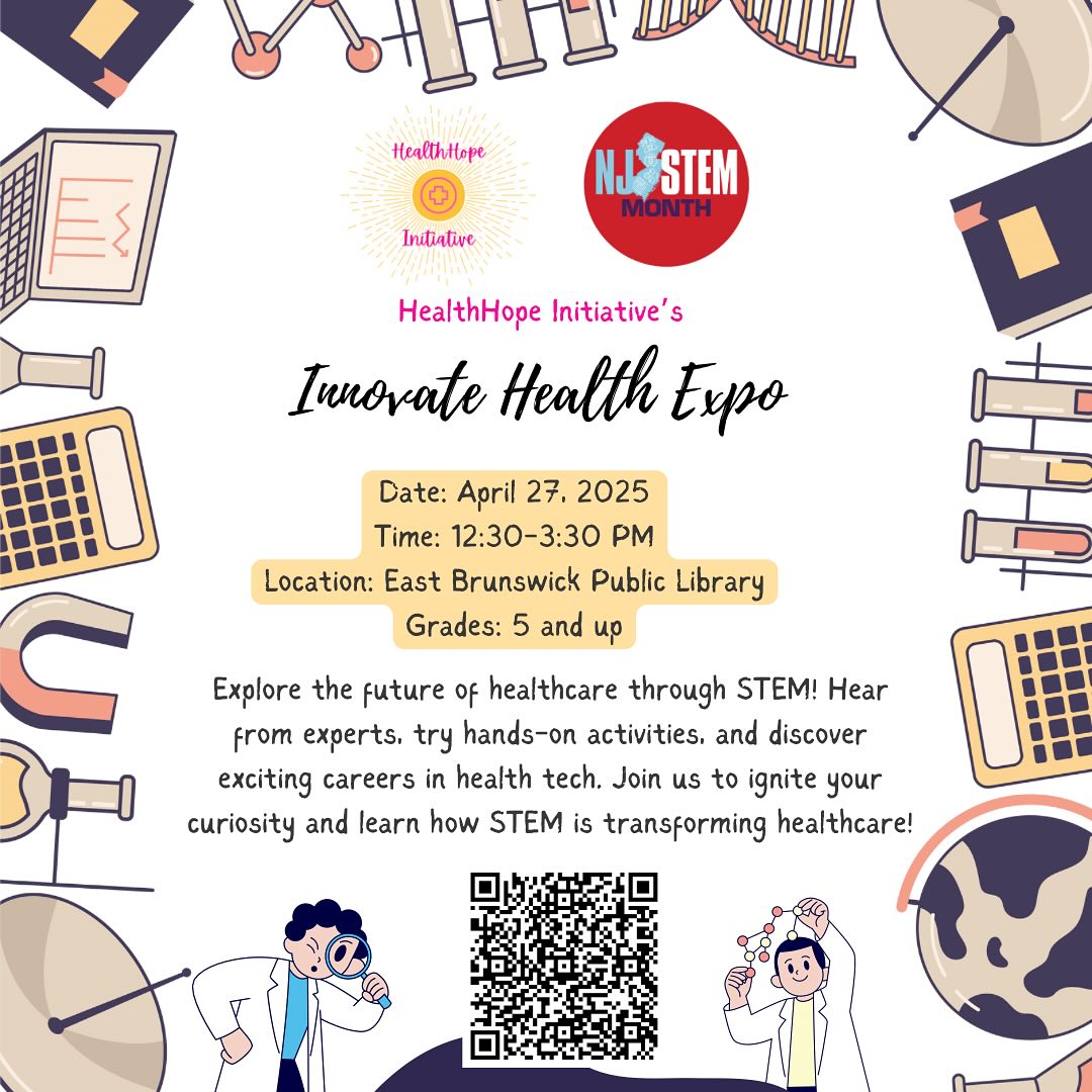 We’re excited to announce the Innovate Health Expo happening on April 27th!
Discover the future of STEM and medicine with hands-on activities, inspiring speakers, and more.
Scan the QR code above to sign up — don’t miss out!
#njstemmonth