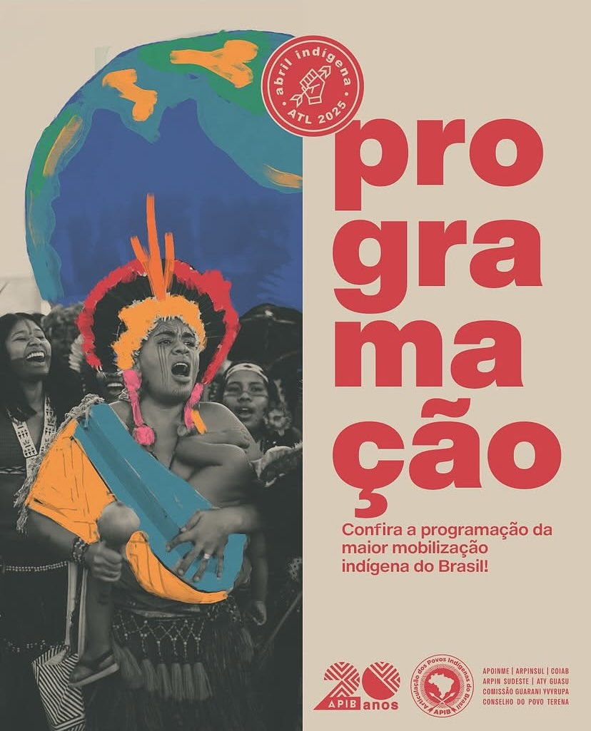 #atl2025
Confira a programação da plenária principal do Acampamento Terra Livre 2025!
A maior mobilização indígena do mundo acontece de 7 a 11 de abril, no espaço da Funarte, em Brasília (DF).
Já prepare o urucum e o jenipapo, coloque o maracá na mochila e venha pra luta!
Acompanhe as redes da @apiboficial e fique por dentro de toda a programação do evento.
Apoie a luta dos povos indígenas! Faça sua doação pelo site:
www.apiboficial.org/apoie
Siga @apiboficial e fortaleça as organizações regionais indígenas de base:
@apoinme_brasil | @coiabamazonia | @arpinsuloficial | @cons.terena | @atyguasu | @yvyrupa.cgy | @arpinsudestesprj
Repost: @apiboficial
#ATL2025 #PovosIndígenas
