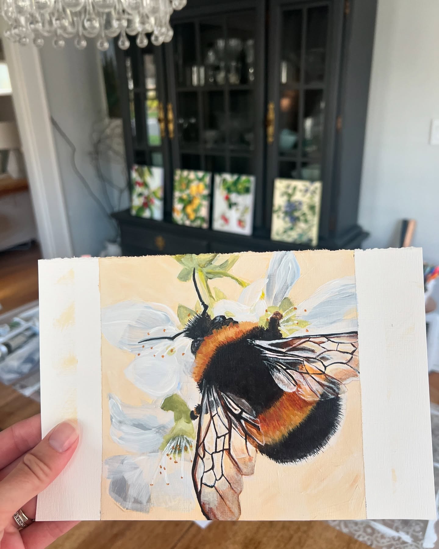 This bumblebee painting is my favorite so far. I’m working on painting a Spring inspired gallery wall for our kitchen nook. It’s been fun playing with different subjects. I’m thinking a still life for the next one. I’ll definitely be painting more bumblebees!