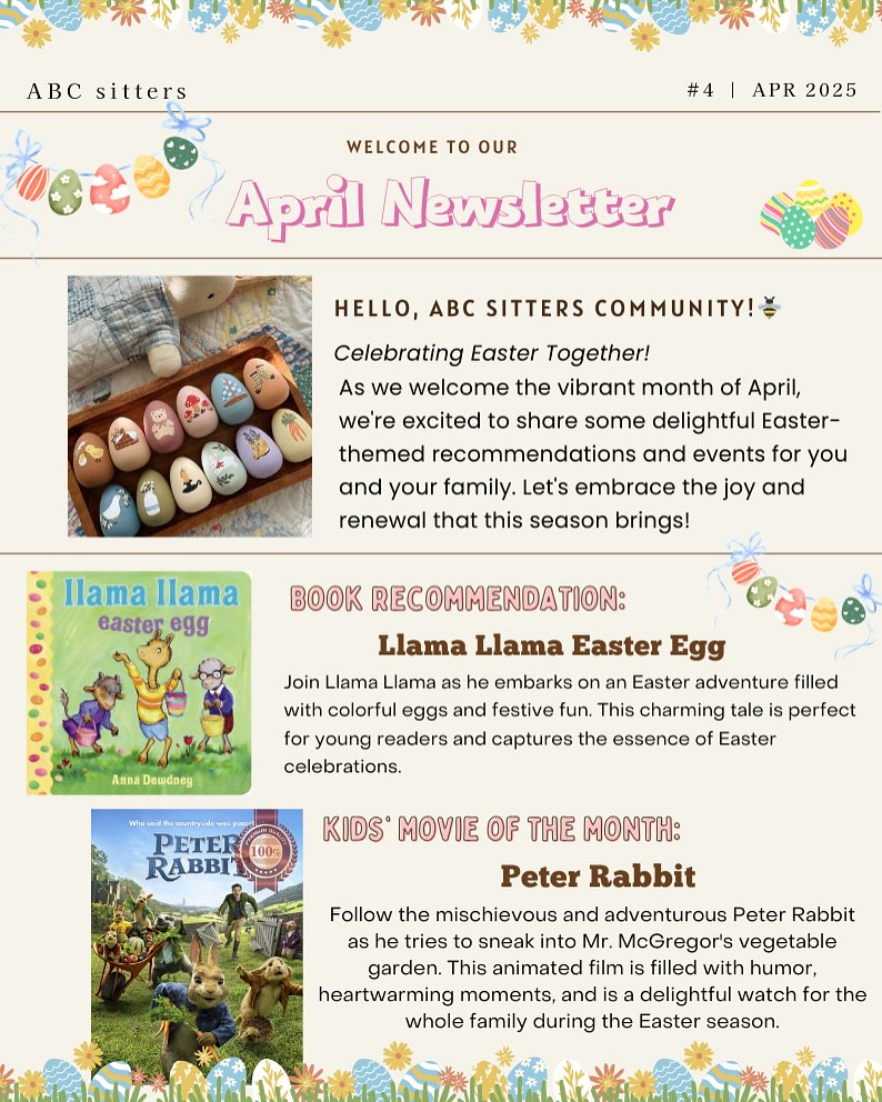 April is here! and so is our Easter themed newsletter! 🐰🌸
This month, we’re sharing:
Book recommendations for little ones📚
Kids’ movie of the month🎬
Fun Easter events in Sydney🥚
Plus, don’t forget the long weekend! Perfect for quality family time!🩵
Check it out and get inspired for a fun filled April! 💕🐣