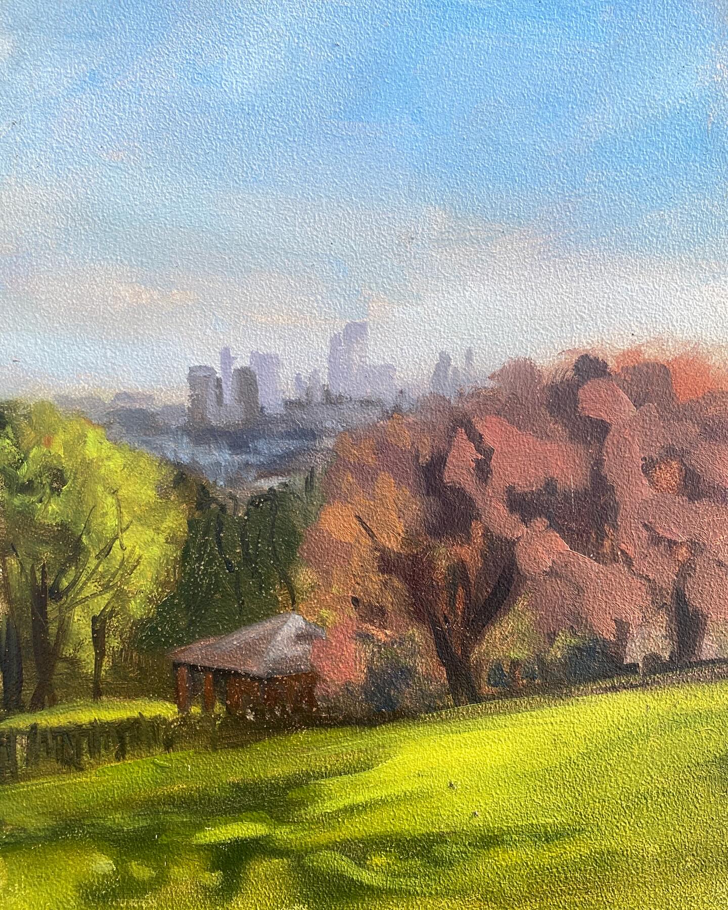 I am just back from a fantastic day painting with @londonpleinairpainters at Ally Pally (- Alexandra palace, ) . Initially I struggled to find a view that I wanted to paint – I was completely overwhelmed with choice – you could see the city, Canary wharf, at one point we saw the London Eye, Saint Paul’s Cathedral, amazing – and then there was the iconic building behind us …. All angles and perspective and stuff I just don’t do ! I eventually settled for distant city buildings over the trees, faffed about for ages with that, wasn’t that happy with the result at the time but it’s growing on me. And then turned round and trying to paint the building – oh my goodness it was much more complicated than I thought. I opted for a completely flat , easy perspective view of a chunk of the building with those wonderful blue lamps and railings – I hope I did it justice.
These paintings will be tweaked and varnished and available on my new website ( launching soon)
Thanks so much @londonpleinairpainters - brilliant day, some amazing painters to be inspired by, and you sorted out some weather that was not too bad as well!
#alexandrapalace #allypally #notmyfavorite #paintingoutdoors #pleinairartist