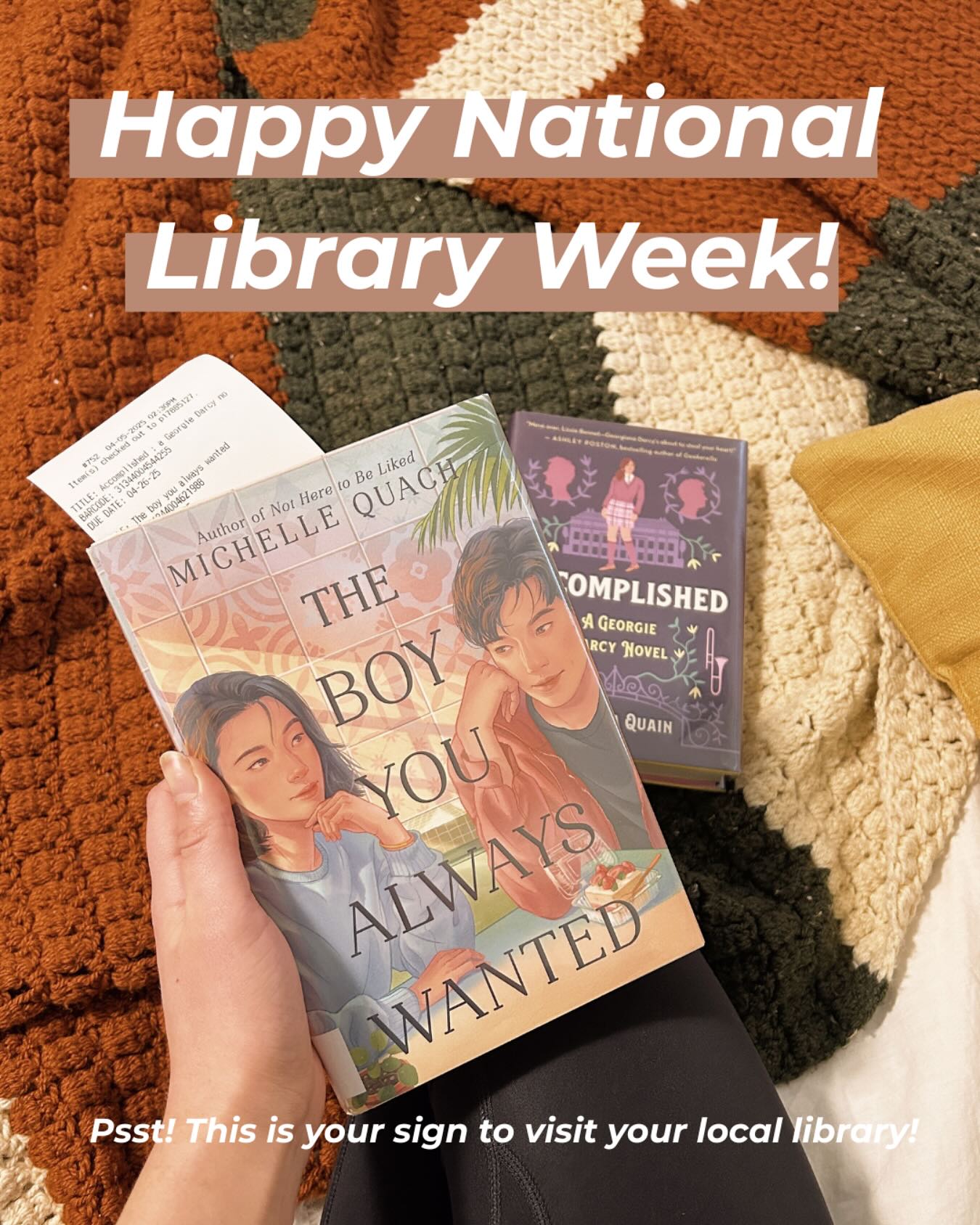 Visit your library this week! (And every week after!) 📖
I didn’t realize it was #nationallibraryweek until after I got home with my recent haul. I wanted something light and fun, which my physical TBR is short on.
💕 The Boy You Always Wanted by Michelle Quach
💕 Accomplished by Amanda Quain
I’m excited to dive in to these YAs! I recently moved, so I haven’t explored all my new library has to offer but you bet I’ve tried out their writing group and used their printers. 😆
Do you plan to celebrate National Library Week? 📖💕