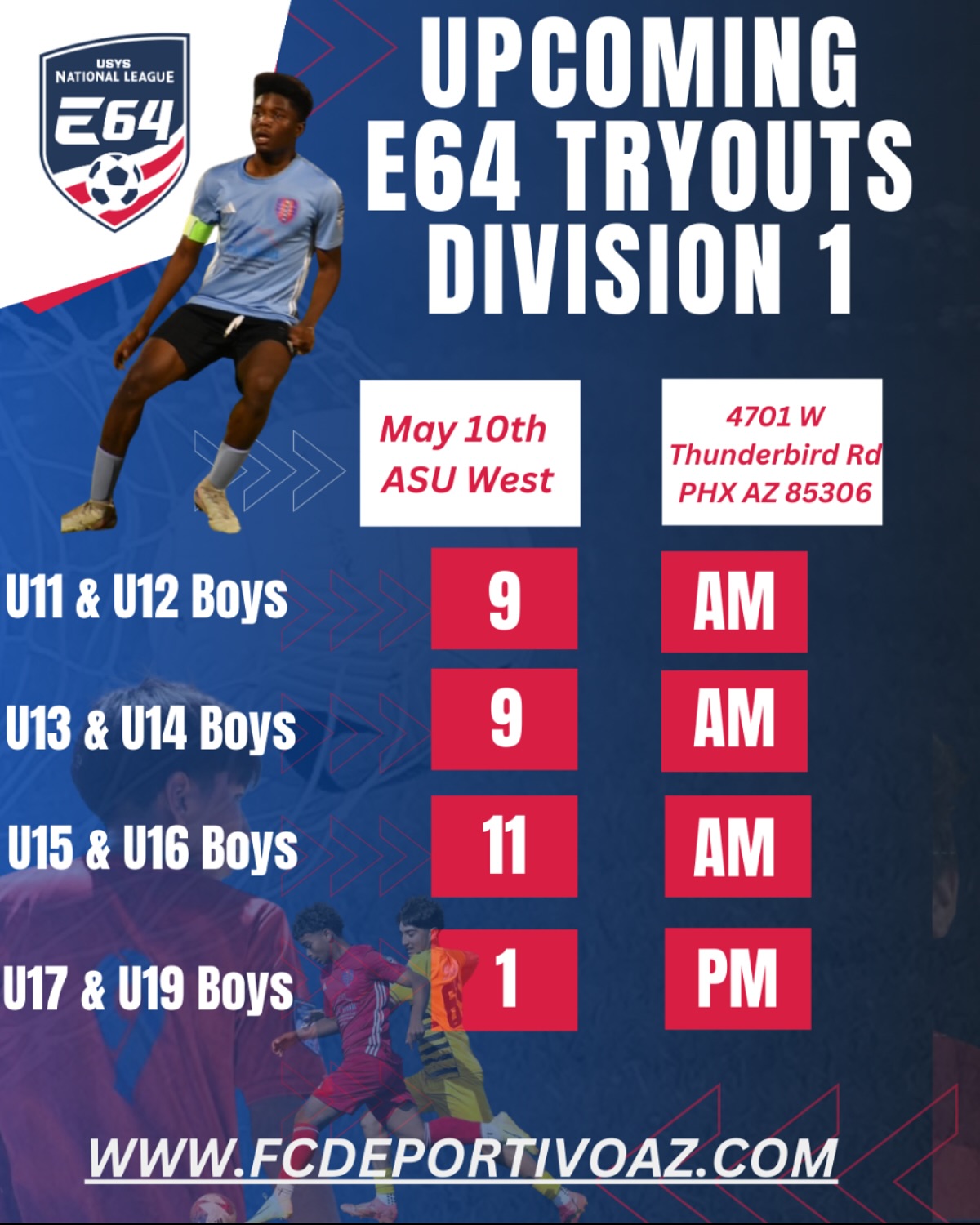 FC Deportivo Arizona has accepted a second year in the elite 64 Academy platform and is playing in the 1st Division under the national league. Tryout link is available in our bio or visit www.fcdeportivoaz.com