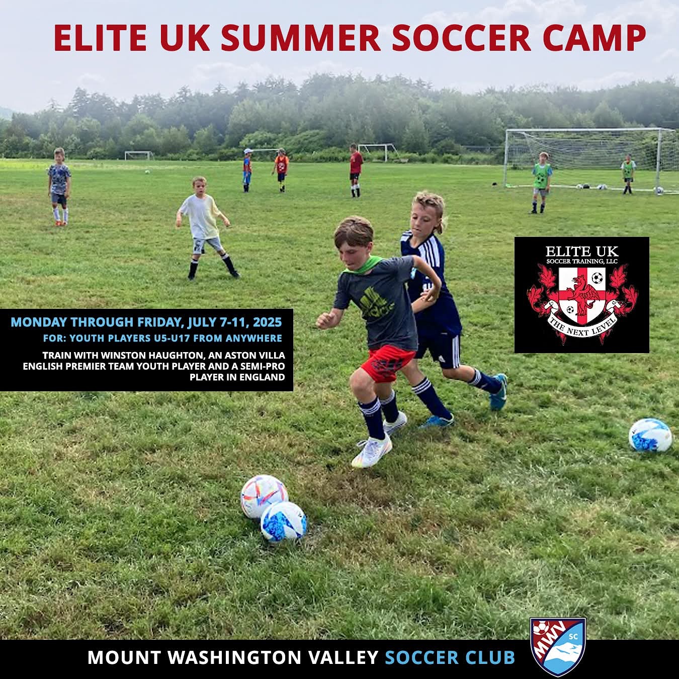2025 Elite UK Summer Camp will be held July 7th-11th on the soccer fields of Kennett Middle School, Conway, NH. Our core belief is that soccer is FUN, so Elite UK Soccer Camp is built to combine the love of the game with the technical development that all players need to take their game to the next level. The camp is open to youth players from all towns, age U5-U17 and is led by Winston Haughton, a standout Youth Soccer Player with English Premier team Aston Villa and a semi-professional player in England. Register now!
For more info: https://www.mwvsoccer.com/summer-soccer-camp
To register: https://system.gotsport.com/programs/43050713A
#mwvsc #mountwashingtonvalley #kidssoccer #summersoccer #soccercamp⚽️