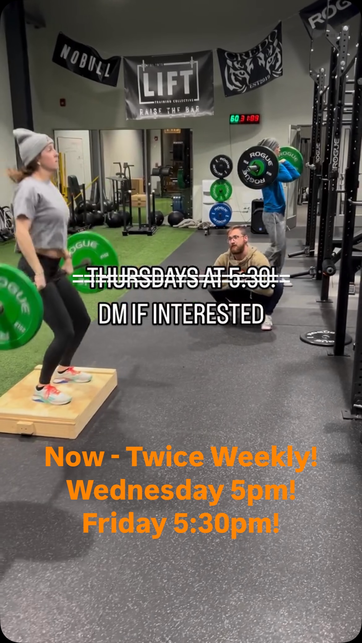 LIFT Olympic is now 2x a week!
Wednesday 5pm
Friday 530pm
Olympic is included in all adult membership!
DM for more information!