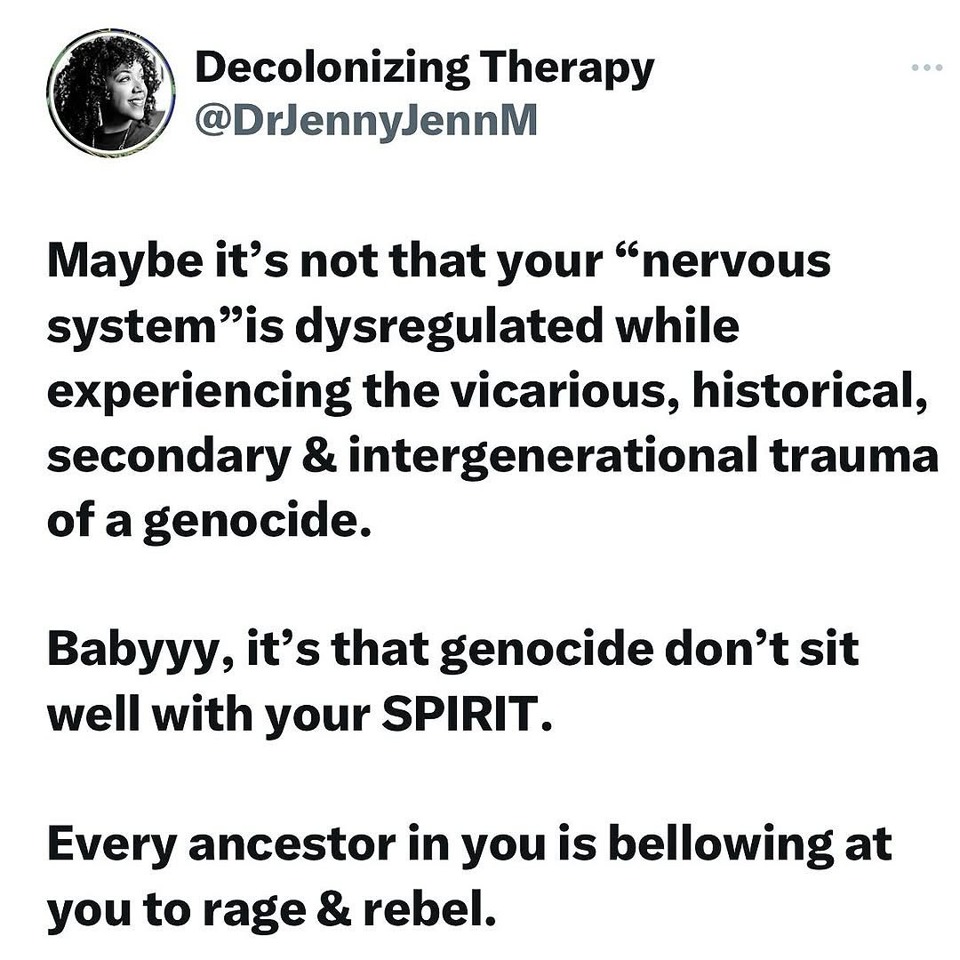 Sacred rage 🔥 Posted @withregram • @decolonizingtherapy Maybe your grief isn’t a dysfunction. Maybe your rage isn’t a problem.
What if your nervous system isn’t “broken”—but breaking open?
When you carry ancestral trauma in your bones, your body knows what doesn’t sit right with your spirit. And when that pain surfaces, Sacred Rage rises as the medicine—not the enemy.
Let this be your reminder:
You’re not too much.
You’re feeling what generations weren’t allowed to.
🖤 Root yourself. Rage sacredly. Reclaim the story.
#DecolonizingTherapy #SacredRage
#NervousSystemHealth #RageIsWisdom #SacredLearningTrio