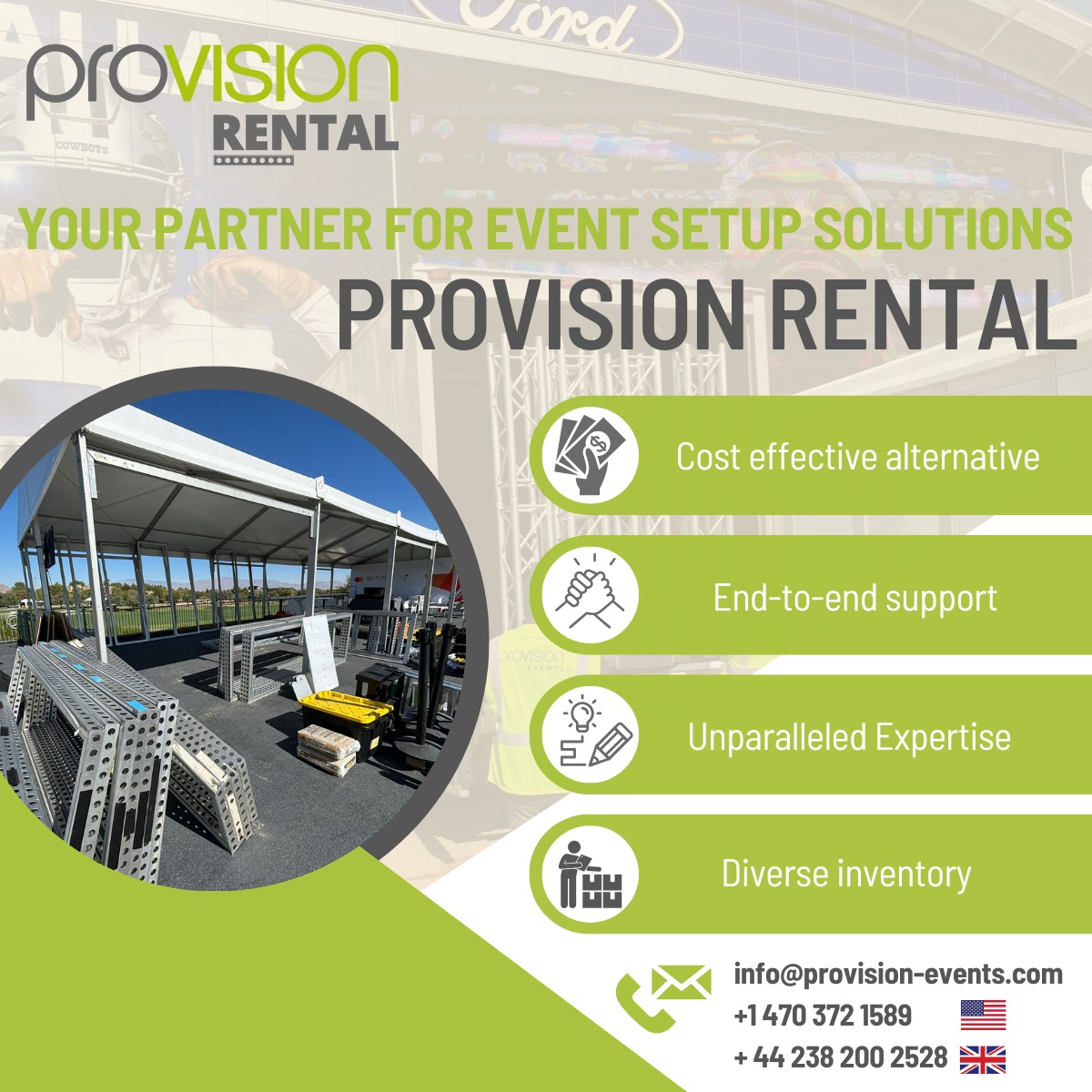 PROVISION RENTAL | Your Partner for Event Set Up Solutions💪
Our US & UK warehouses have a wide & diverse inventory of rental stock to support you with exhibition & booth builds, interior fit out & external structures 🛠️
Drop us an email 📩 at info@provision-events.com to discuss your event & build needs with end-to-end support from our build & production teams across the UK, Europe & USA🤝
#rental #stock #warehouse #usa #jacksonville #uk #southwest #rentalstock #production #build #support #boothdesign #exhibitons #externalstructures #events #eventmanagement #interiorfitout #inventory