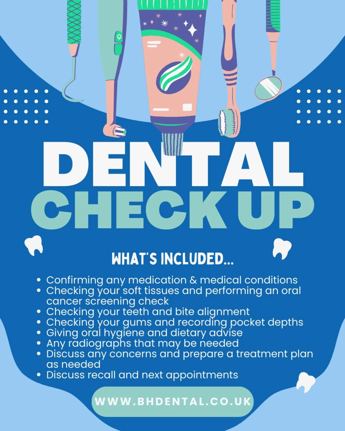 Have you ever wondered what actually happens in your dental checkup? 🤔
There are a lot of checks, other than just your teeth, that happen in these routine appointments.
• Oral cancer (mouth cancer) is the 9th most common cancer in the UK.
• Over half the adult population is affected by gingivitis (gum disease).
• Approximately 31% of adults have tooth decay present in their mouth, in the UK.
These routine appointments are crucial for maintaining oral health, early detection, and prevention of dental problems.
Make sure you book your next routine check up, so you do not forget. 🫡