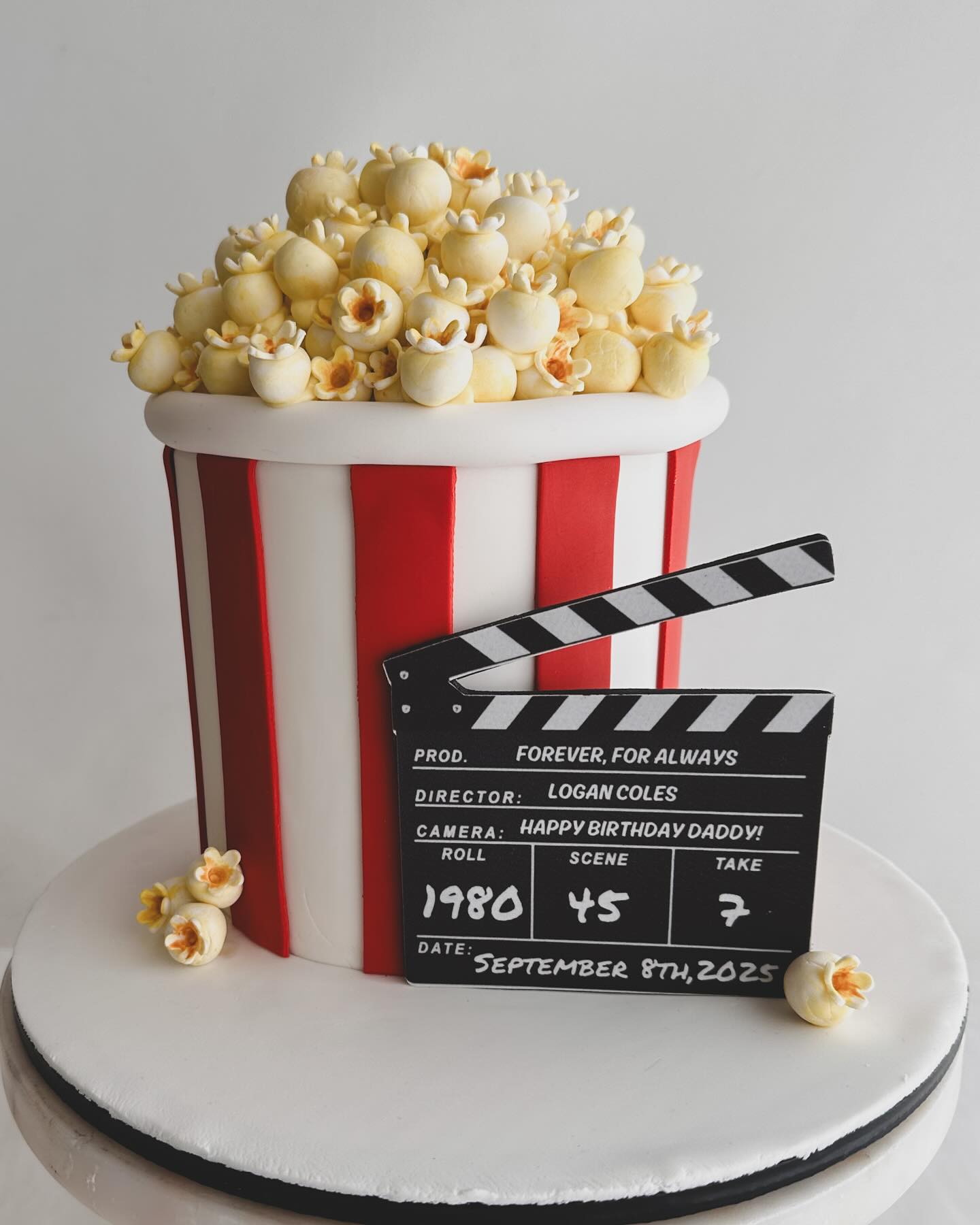 Grab some popcorn….i mean, cake… and enjoy the movie!
#popcorncake #moviethemedcake #customcake #birthdaycake