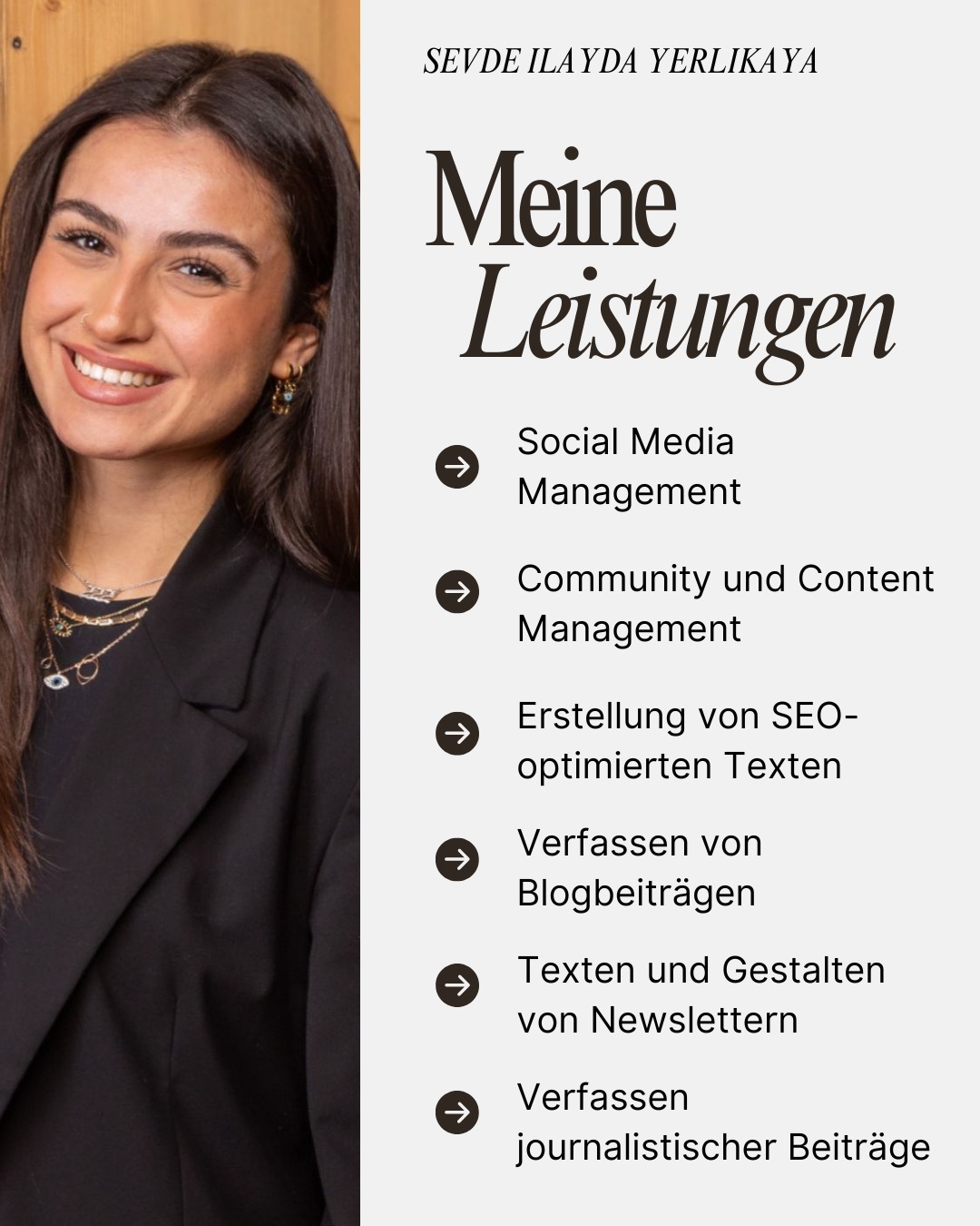 Euer Erfolg beginnt hier! 🚀
Ich bin Ilayda und freue mich, euch meine Dienstleistungen vorzustellen, die darauf abzielen, euer Unternehmen zum Erfolg zu bringen!
🔍 SEO-optimierte Texte, die eure Sichtbarkeit steigern
📝 Fesselnde Blogbeiträge, die eure Zielgruppe ansprechen
📧 Kreative Newsletter, die im Gedächtnis bleiben
📰 Professionelles journalistisches Schreiben, das überzeugt
📱 Social Media Management, um eure Online-Präsenz zu stärken
🛠️ Content-Erstellung und -Management, damit ihr immer relevant bleibt
🤝 Community Management, um eine engagierte und loyale Fangemeinde aufzubauen
Lasst uns gemeinsam eure Ziele erreichen! Schaut euch den Post an und erfahrt mehr darüber, wie ich euch unterstützen kann. 💪✨
#freelancing #freelancer #ContentManagement #SEO #Newsletter #Blogging #Journalismus