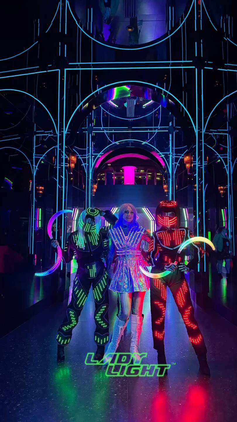 #squadgoals Lady Light and her robot girl sidekicks at an event at LIV. #ledtalent #futursitic #wowfactor #lasergirl #laseract #laserman #hitech #corporateentertainment