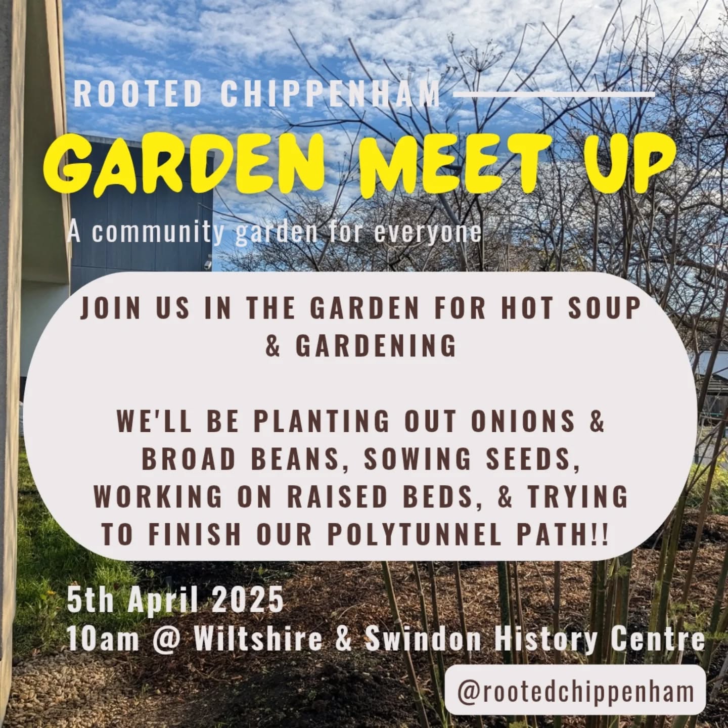 🌱TODAY🌱 10am at the Rooted Chippenham Garden
Come along in your gardening gear, bring a pair of gloves, and get stuck in!