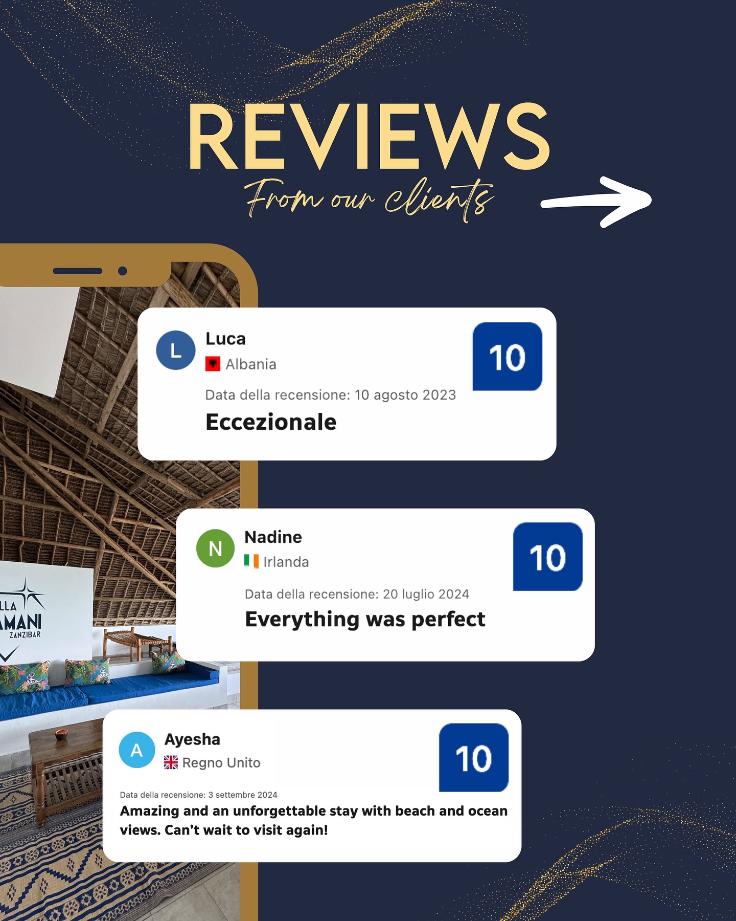 💬 They talk about us…
Every review is a little piece of your journey, and we couldn’t be more grateful.
On Booking, Airbnb, Google and Tripadvisor, your words are treasures we hold close to our hearts.
Our goal? To make you feel welcomed, pampered, inspired.
To leave you with an unforgettable memory… and the desire to come back.
We’re featured on Booking among the most loved stays in the area
…all thanks to you.
‼️ Keep tagging us in your photos, stories, and reviews.
Every glimpse you share of Villa Thamani makes us shine a little brighter ‼️
Book your next stay:
www.villathamani.com 💎