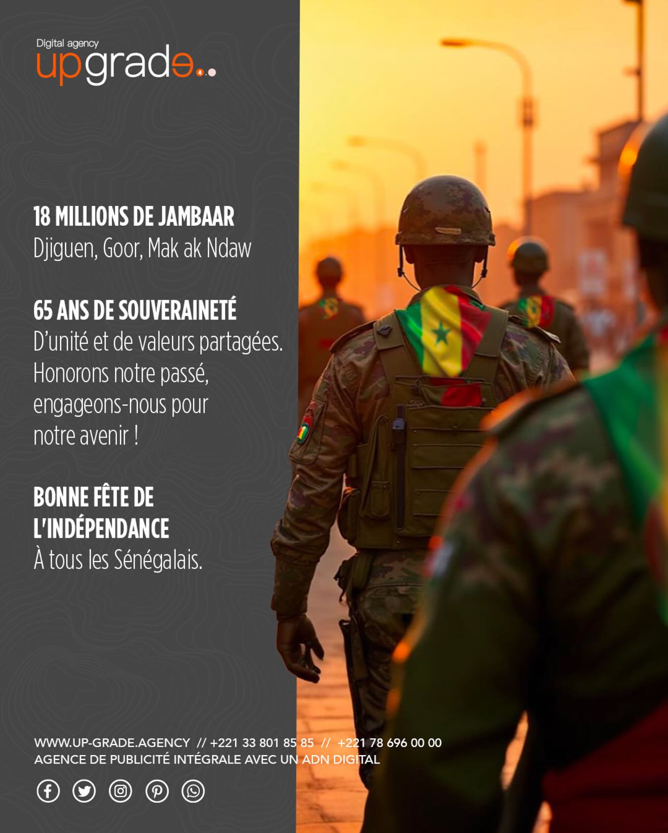 Depuis 65 ans, nous écrivons une histoire faite de luttes, de victoires et de réussites, posant les fondations d’un avenir prometteur.
Aujourd’hui encore, nous rendons hommage à nos ancêtres et à tous ceux qui ont œuvré pour l’indépendance de notre nation.
Célébrons ensemble l’héritage de la Téranga, l’esprit de solidarité et l’espoir des générations futures.
Bonne fête de l’Indépendance à tous les Sénégalais !
À jamais, le pays de la Téranga. 🇸🇳
#4avrilsénégal #independent #independancesenegal🇸🇳 #drapeausénégalais #patries #community #digital
