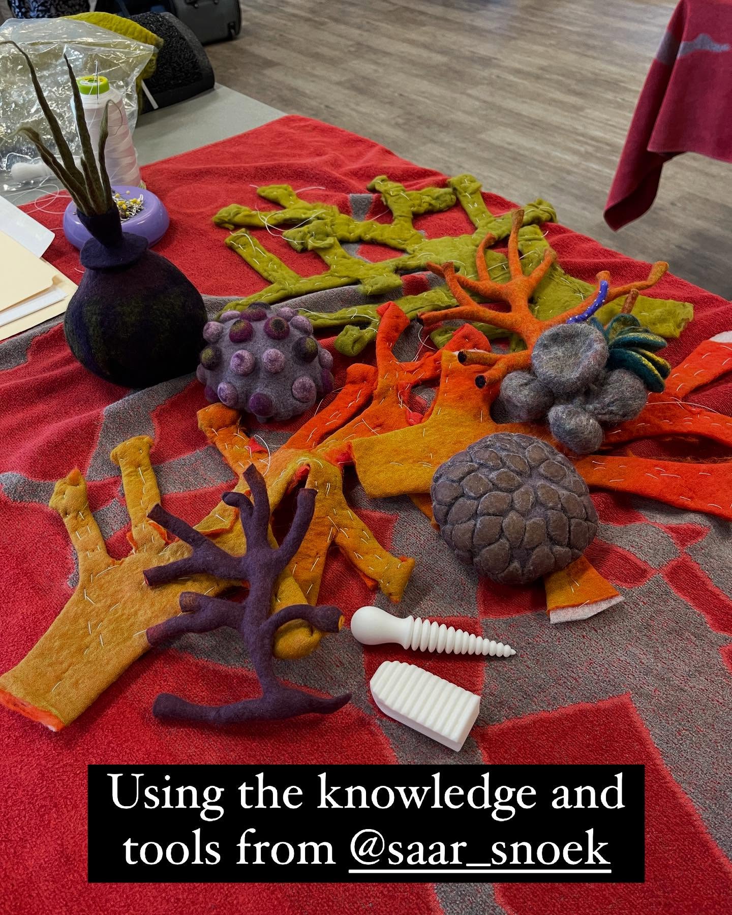 One of the many advantages of being a member of the Northeast Feltmakers Guild (NEFG) is the ability to take part in amazing workshops. The guild coordinates instructors from around the world to come and instruct us in outrageous techniques. This past year we enjoyed learning from @saar_snoek. She was generous with her knowledge and also provided amazing 3D-made tools to assist us in our work. Saar will forever be a friend and honorary member of our guild.