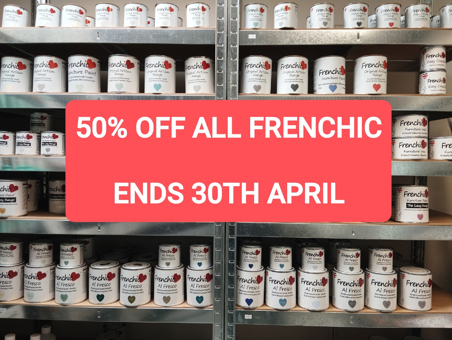 As the Nordic Chic paint continues to grow we need more shelf space so we are selling off all our remaining @frenchicpaint paint stock.
50% off all stock.
We can arrange postage if you need it.
If you have a particular colour in mind please DM to check if in stock.
When it's gone it's gone.
Ends 30th April.