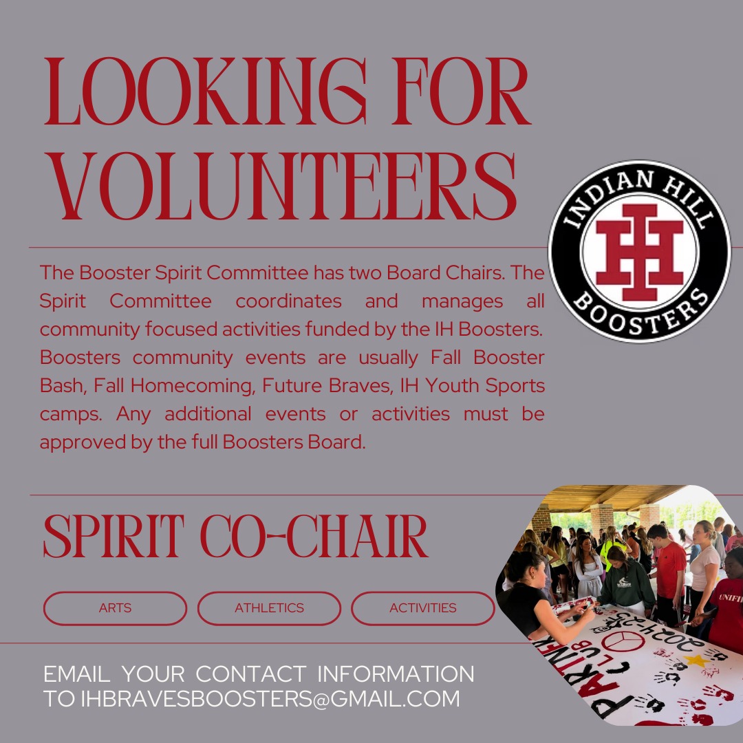 Got a talent for event planning?
IH Boosters are looking for TWO amazing people to join us as Spirit Chairs.
Please email your contact info to IHBRAVESBOOSTERS@GMAIL.COM