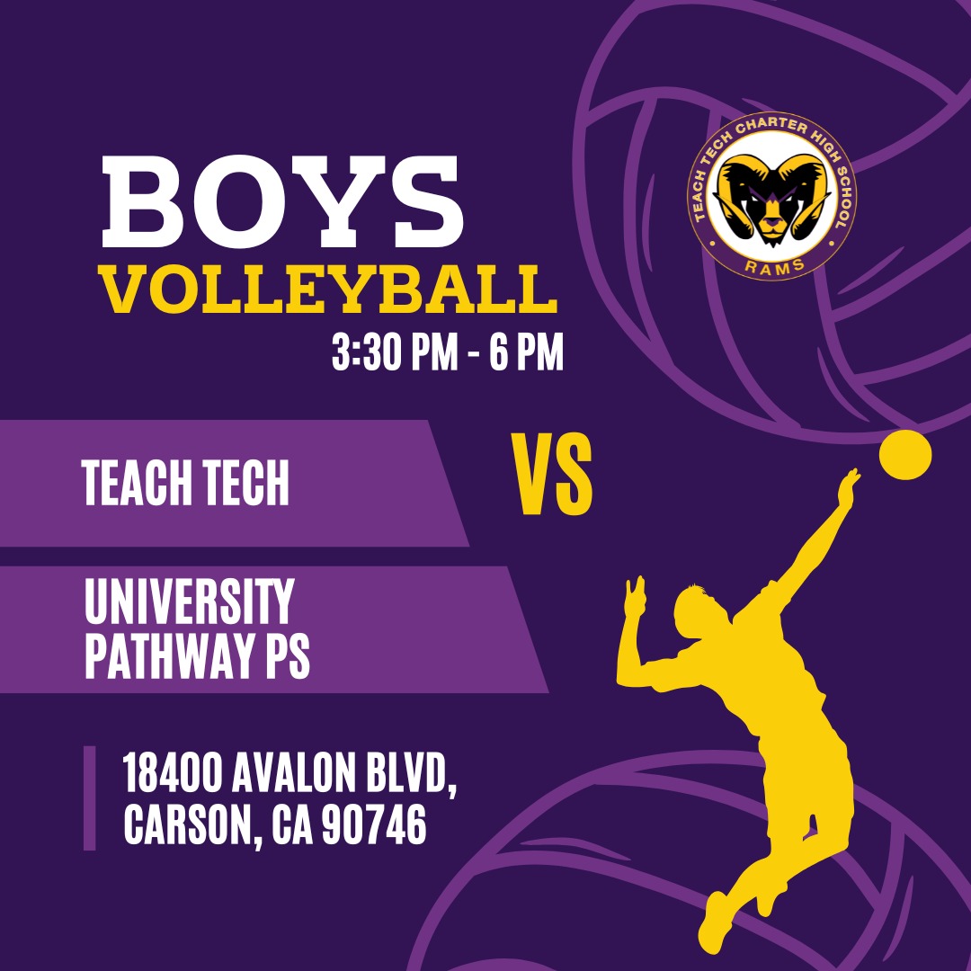 ๐๐ฅ Game Day Alert! ๐ฅ๐
Come cheer on Teach Tech as they take on University Pathway PS in an exciting Boys' Volleyball matchup! ๐ช๐๐
๐
Date: Today
โฐ Time: 3:30 PM - 6:00 PM
๐ Location: 18400 Avalon Blvd, Carson, CA 90746
Letโs bring the energy and support our team! **Go Rams!** ๐๐๐
#TeachTechRams #BoysVolleyball #GameDay #SpikeIt #StudentAthletes #GoRams #VolleyballLife #SupportOurTeam
