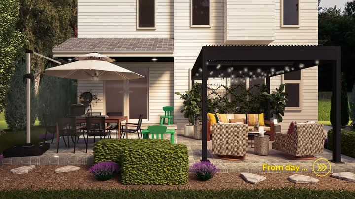 Or maybe in bed by 9pm for this fam? 😉
What was once just a stone slab and lonely pergola is now the ultimate hangout. The goal? A multifunctional space that felt just as comfortable for sipping cocktails as it did for spontaneous crayon sessions.
The layout was designed with flow in mind- zones for lounging, dining and kid-friendly play, all without feeling crowded or chaotic.
Design Details:
-Furniture mix: All weather wicker swivel chairs and teak- frame sofa with performance fabric cushions with pillows in a palette of golden ochres, corals, earthy neutrals and bold greens. Teak dining table with fabric & aluminum chairs for meals at any time of the day.
-Lighting: Classic string lights under the pergola dial up ambiance at dusk. Add in portable lanterns, an LED umbrella, solar deck lights and stair lighting on every surface and you’ve got mood lighting (and you won’t trip)
-Kid zone: Durable resin table and chairs in a bright green to carve out a space that screams creativity without compromising overall aesthetic
-Plants & Privacy: Strategically placed planters and faux screens soften the pergola’s structure
Ready for patio season? This family is!
#virtualinteriordesign #edesign #interiordesign #patiodesign #outdoordesign #patioseason #3drendering #rendering #4k