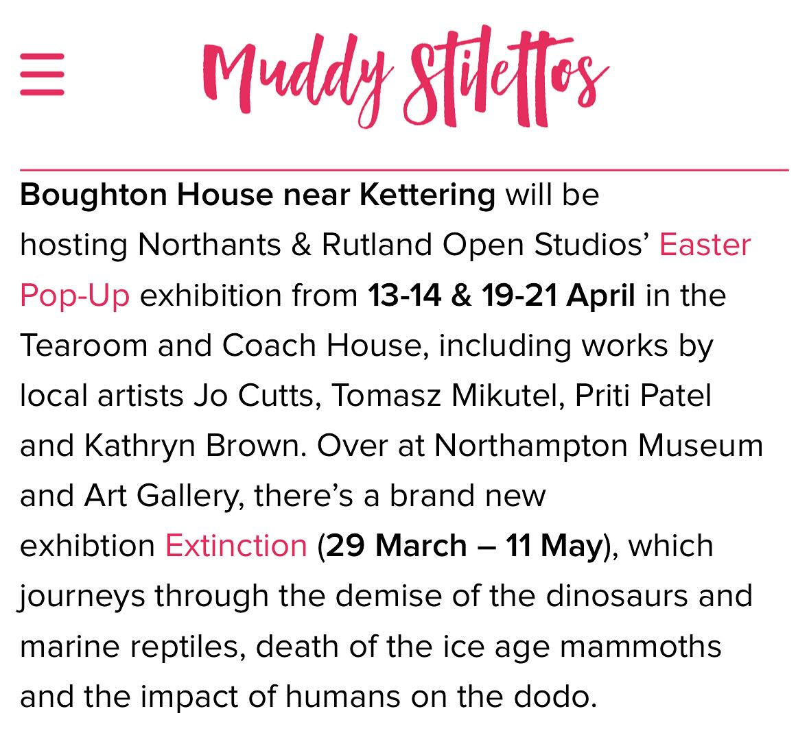 What a lovely email to wake up to!! 😊☀️@muddy.northants.leics.rutland has featured our @northantsrutlandos pop-up exhibition at @boughton_house_official and it’s great to see our names being mentioned 💕
Really looking forward to setting up my latest pieces alongside @tomaszmikutel @home_dakor and @kathrynbrown.art this week!!
#northantsrutlandos #muddystilettos #muddystilettosnorthants #northants #boughtonhouse #springevent #artexhibitions #northamptonshire #northantsopenstudios