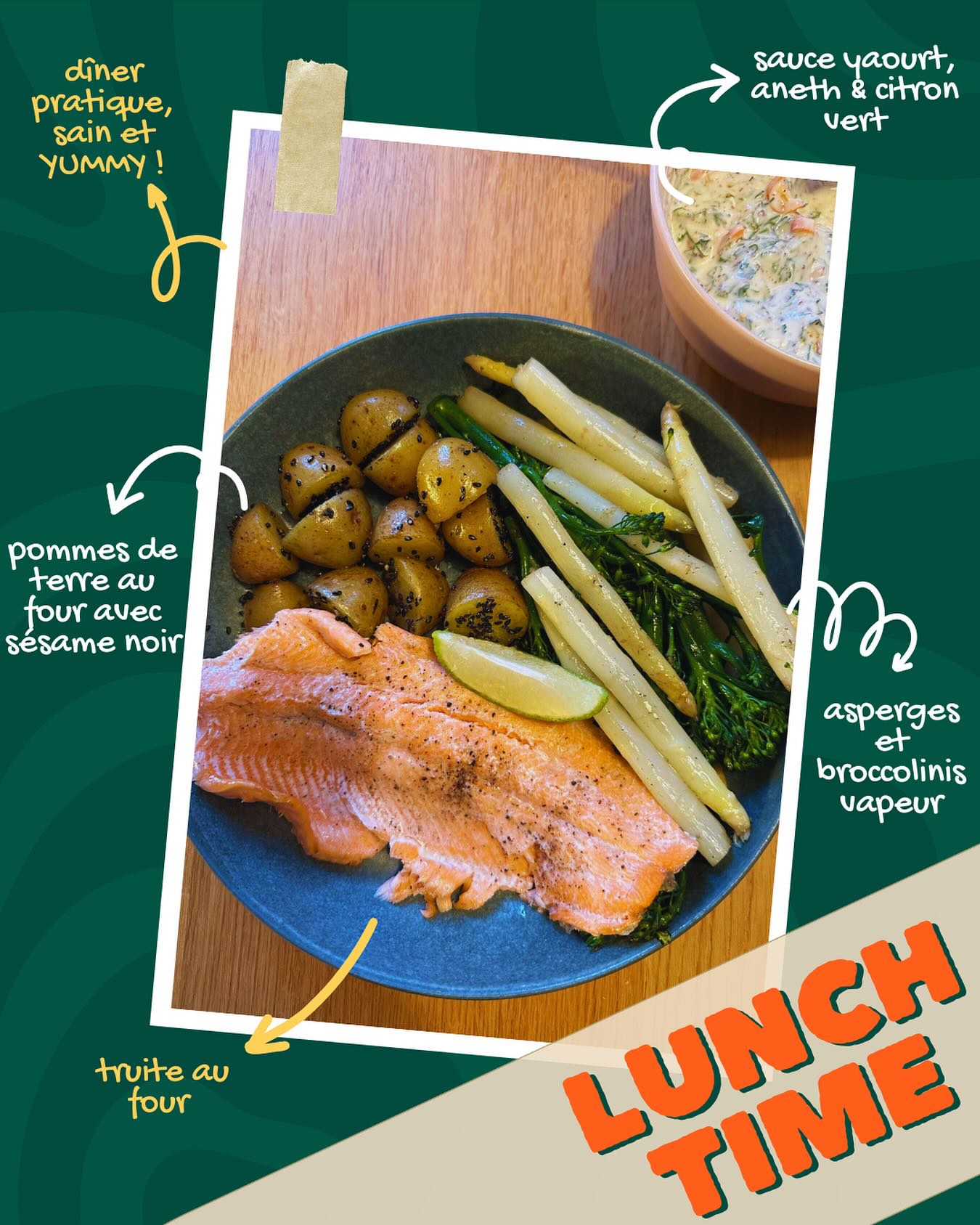 🥗 Idée de lunch (ou souper) facile, sain & yummy !
Un repas complet, savoureux et riche en nutriments :
🐟 Truite – pleine de protéines et d’oméga 3
🥦 Asperges & broccolinis – fibres, prébiotiques, minéraux
🥔 Pommes de terre rôties avec la peau – vitamines, minéraux et énergie à IG bas
🍋 Sauce yaourt, citron vert & herbes – probiotique, protéinée, fraîche et ultra simple à préparer !
Un combo parfait pour nourrir ton corps et pour rester synchro avec la saison des asperges 💚 (mon légume préféré 🤩)
Bon app ! 😋