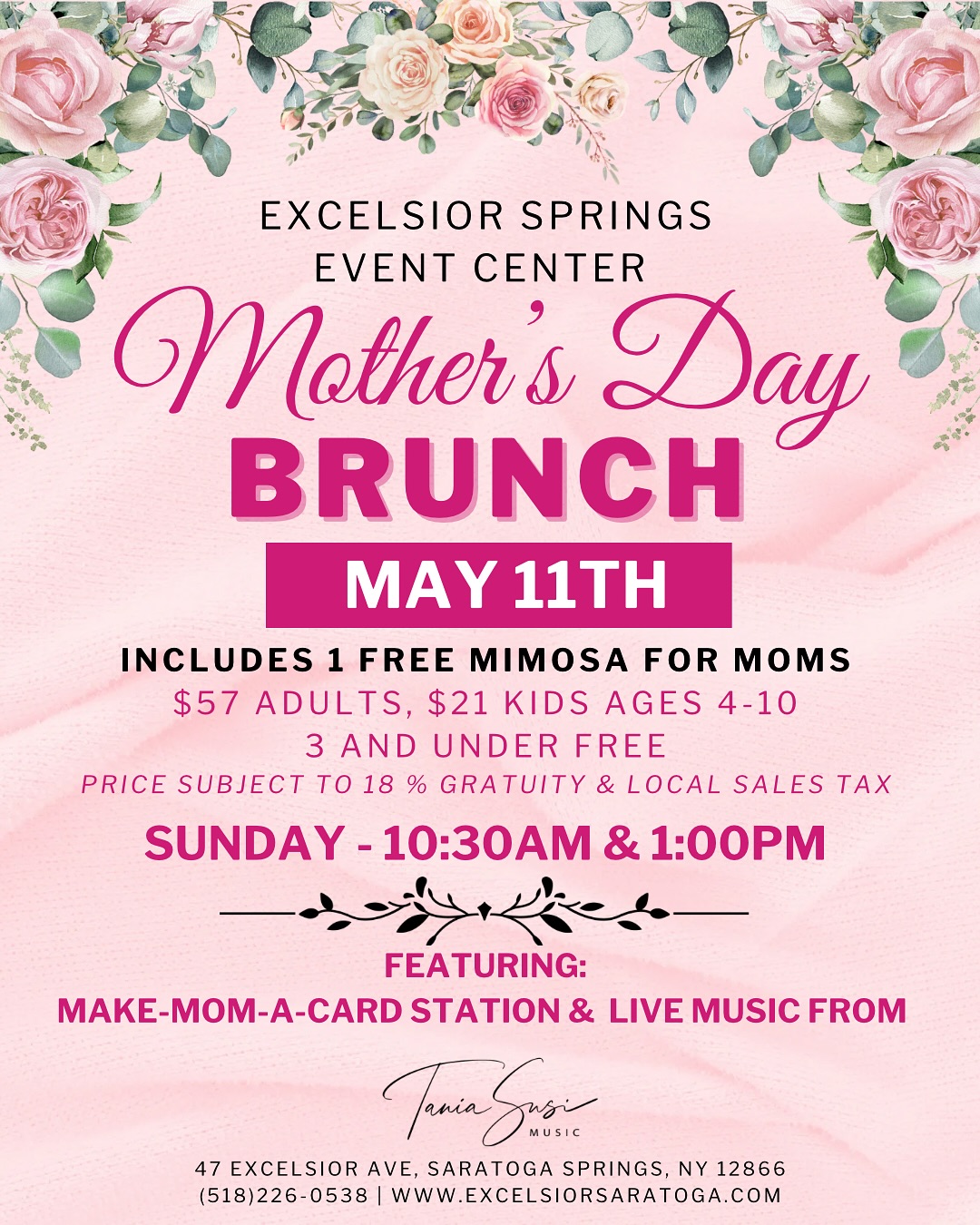 Join us at the Excelsior Springs Event Center for our Mother’s Day Brunch on May 11th—complete with a complimentary mimosa for moms, live music by Tania Susi, and a fun “Make-Mom-a-Card” station!
Seatings at 10:30 AM & 1:00 PM
Tickets are selling fast—reserve your spot now!
Plus, don’t forget we still have a few spots left for our Easter Brunch too!
Link in bio to purchase tickets for both events!
#MothersDayBrunch #EasterBrunch #SaratogaSpringsEvents #ExcelsiorSprings #BrunchWithMom #MothersDay2025
