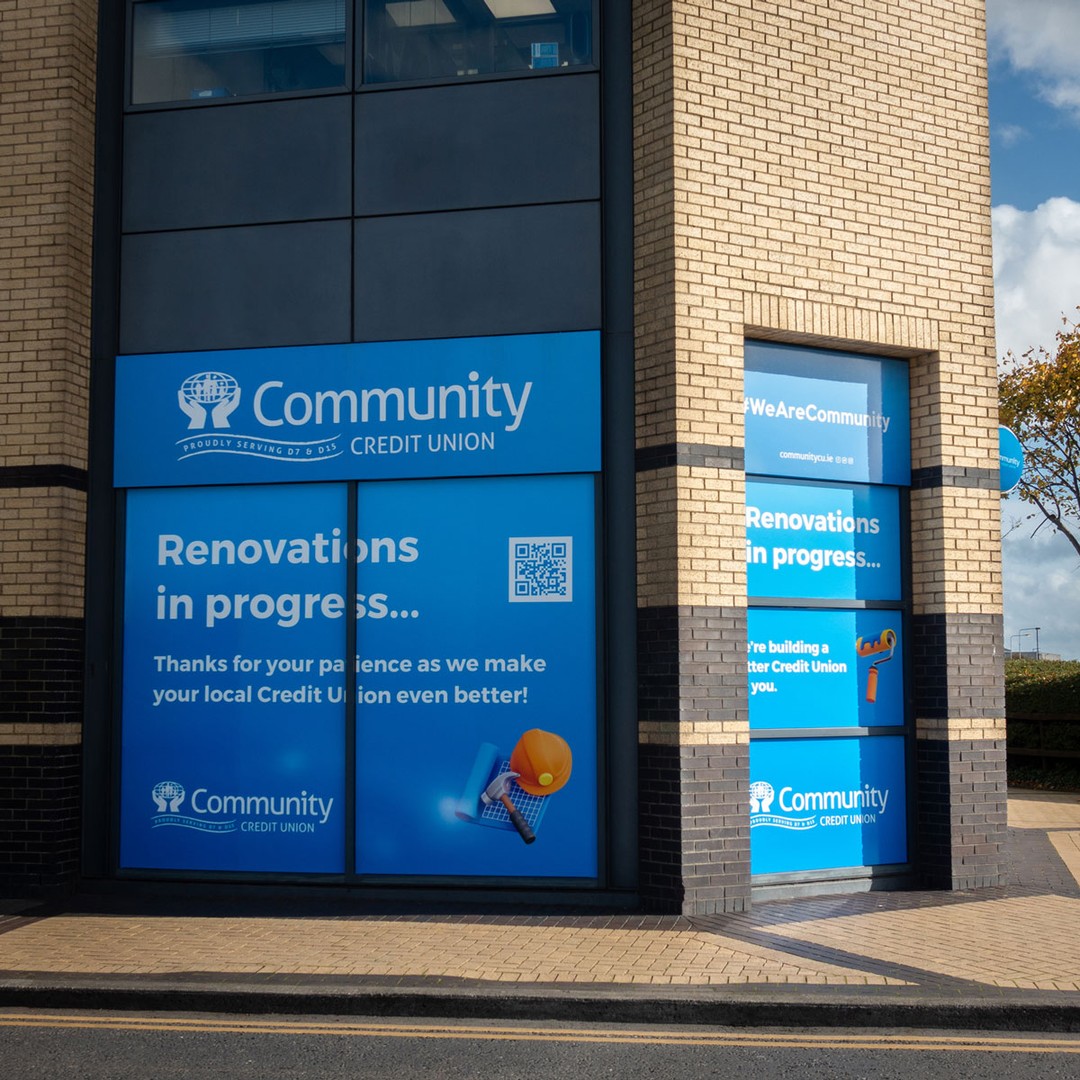 Window Graphics – Community Credit Union
We installed a series of exterior window graphics for Community Credit Union to display their promotions and services, along with a renovation cover for this branch.
📍 Dublin, Ireland
#brandmarksigns #WindowGraphics #ExteriorBranding #CommunityCreditUnion #CustomSignage #DublinBusiness #VisualBranding