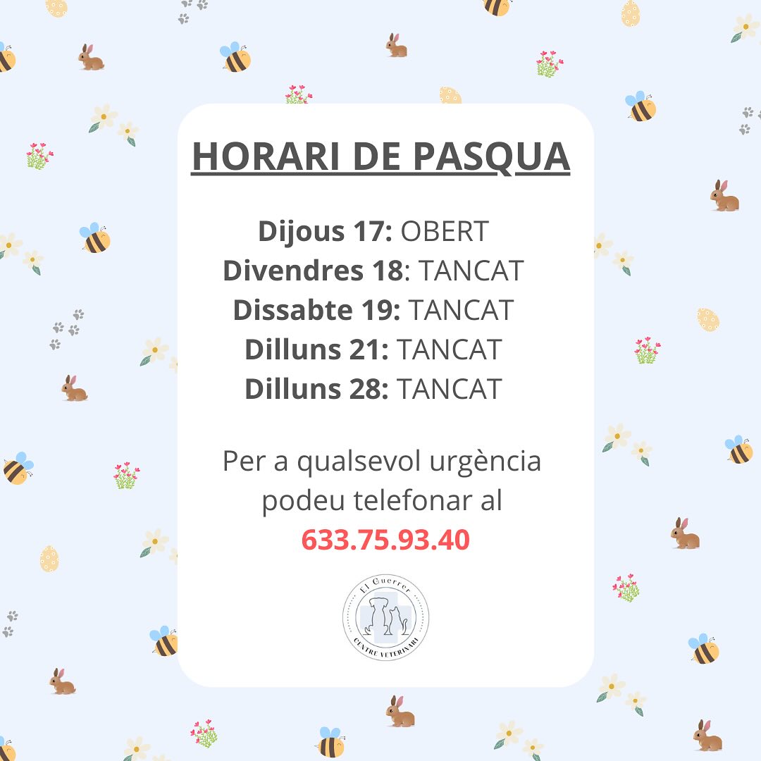 ⚠️ HORARI DE PASQUA ⚠️
Hola! Estem ja damunt de Pasqua i açí teniu els dies que el centre tancarà estes Pasques. Si necessiteu atenció veterinària i estem tancats podeu telefonar al telèfon de la clínica i vos atendré 🐶🐱
Vos dessitge que paseu unes Bones Pasques i recordeu que el xocolate és tòxic per als nostres animals. ⚠️⚠️ Aixina que per molta cara de pena que ens fagen, NO DONAR RES QUE TINGA XOCOLATE ⚠️⚠️
🐰🌼🐰🌼🐰🌼