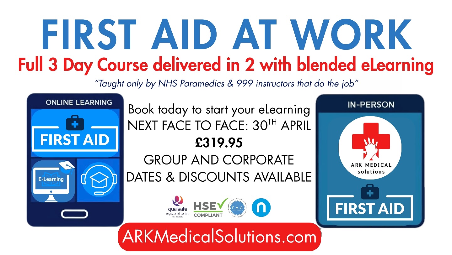 🚑 Get First Aid at Work Certified with Ark Medical Solutions!🚑
Meet your HSE workplace safety compliance with our First Aid at Work course, delivered through an effective blended learning format. Complete the full 3-day training in just 2 days, with 1 day of eLearning today!
📅 Next Face-to-Face Course:April 30th in Wareham
💷 Fee: £319.95 (Corporate discounts/dates available!)
Our instructors are serving NHS Paramedics and 999 instructors, ensuring you get the best training possible. With a 5-star Google rating, we’re proud to provide top-quality education and training by those that do the job, not someone who never has.
👉 Sign up now: https://www.arkmedicalsolutions.com/booking-calendar/first-aid-at-work-3-day-2?referral=service_list_widget