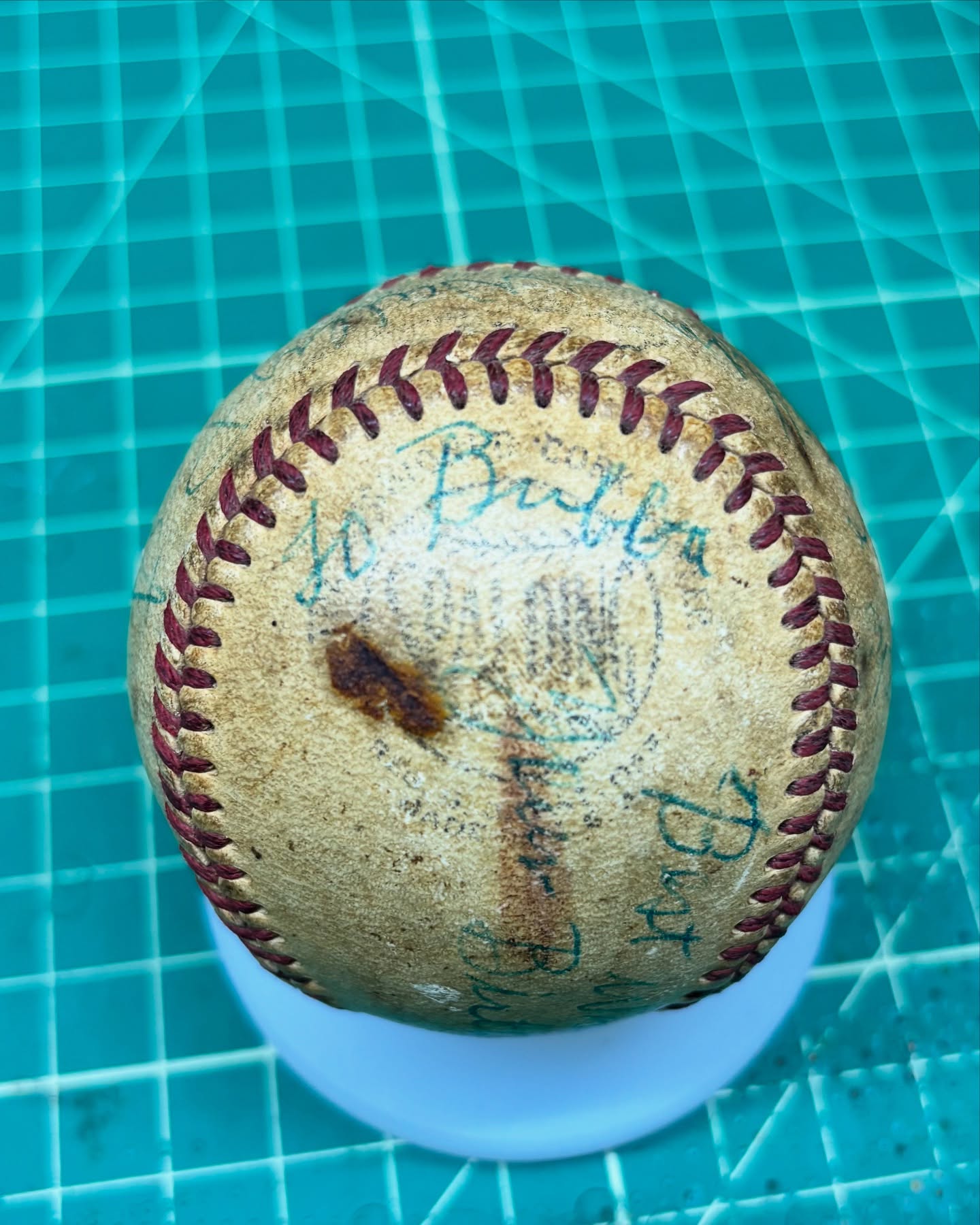 Checking in on Pops tonight because he’s a little under the weather. He’s been going through boxes of stuff from the past 83 years and finds this. His Barber gave him this baseball for his birthday in 1954. His barber used to go to all the spring training games in Tampa. I can make out a few signatures; Wally Post, Ted Kluszewski, Grady Hatton, and one other I can’t make out. Awesome just to have a 1954 Spalding baseball, not to mention one signed by a few Reds hall of famers.