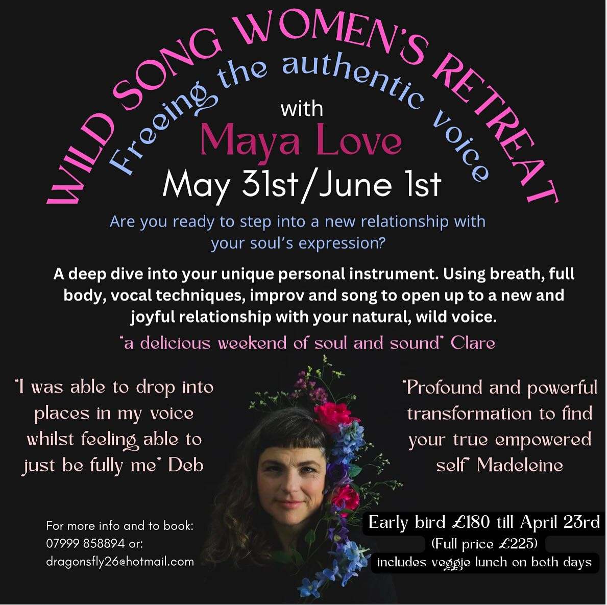 🌸This year’s WILD SONG WOMEN’s RETREATs:
Early bird price available now!✨
🌸 MAY 31st/JUNE 1st.
(I’ll also be running one on July 19/20th- early bird price also available for this)
🌸 Here’s what people say:
“Maya is like a beautifully trusted midwife helping us birth our wild soul voices. How much fun it was to sing together and be playful. Haven’t had so much fun since my early 20s!” Kate M
“heart-centred, embodied approach to making music. Wonderfully held with authentic wisdom, humour and acceptance” Kate B
“the rite of passage I didn’t have as a teenager” Jo
“Loved and appreciated Maya’s holding - fun, playful, clear and strong.” Natalie
“Maya has a phenomenally joyful, playful, trickster way of coaxing out my authentic self and confidence. She also cultivates such a safe and nurturing space. And the venue was perfect- to be in the plants helped so much” Rebekah
“I feel like I’ve woken from a deep sleep and now love myself” Guaxara
DM me if you feel the call. ❤️🌸✨
#wildsong #naturalvoice #cvi #vocalimprov #embodiedvoice #singing #freeyourvoice