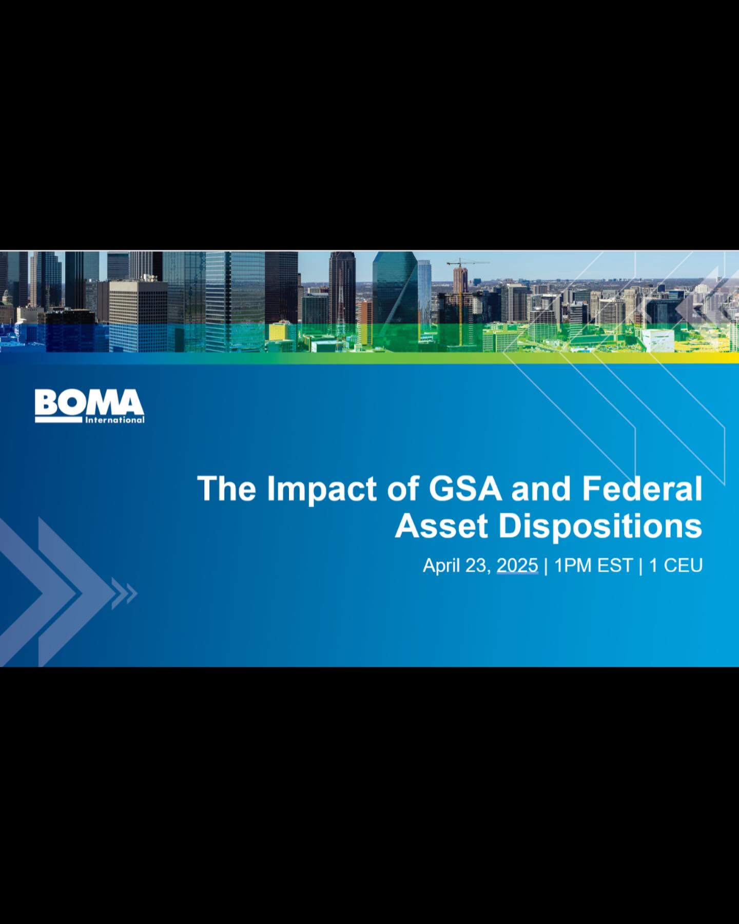 Dear BOMA Members,
BOMA International is hosting a webinar for BOMA members regarding GSA and Federal assets. It will be hosted on April 23 at 1 – 2pm ET on “The Impact of GSA and Federal Asset Dispositions,” where the speakers will delve into the timely and significant topic of the impact of GSA selling their properties, canceling vendor contracts, ending leased space and what investment opportunities might arise, how all this might impact the market.