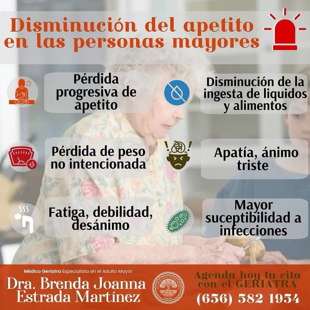 PÉRDIDA DE APETITO EN LA PERSONA MAYOR 🥘🥒🍍
🚨La disminución del hambre e ingesta de alimento sin alguna causa médica evidente durante el envejecimiento puede llevar a desnutrición, pérdida de peso y debilitamiento general, además de aumentar el riesgo de otras complicaciones de salud.
🚨Si tú o tu familiar tiene pérdida progresiva del apetito, disminución de la ingesta de alimentos y/o líquidos, pérdida de peso sin causa aparente, fatiga, debilidad, ánimo triste, infecciones y enfermedades.
🥗Recuerda que comer bien es clave para un envejecimiento con salud. 🚨La falta de apetito no es normal, es una señal de alerta que debe ser atendida por 👩🏻⚕️🏥un médico GERIATRA CERTIFICADO.
#geriatria #geriatrico #geriatrics #personamayor #adultosfelices #adultosma #olderpeople #drabrendageriatra #tugeria #envejecimientosaludable