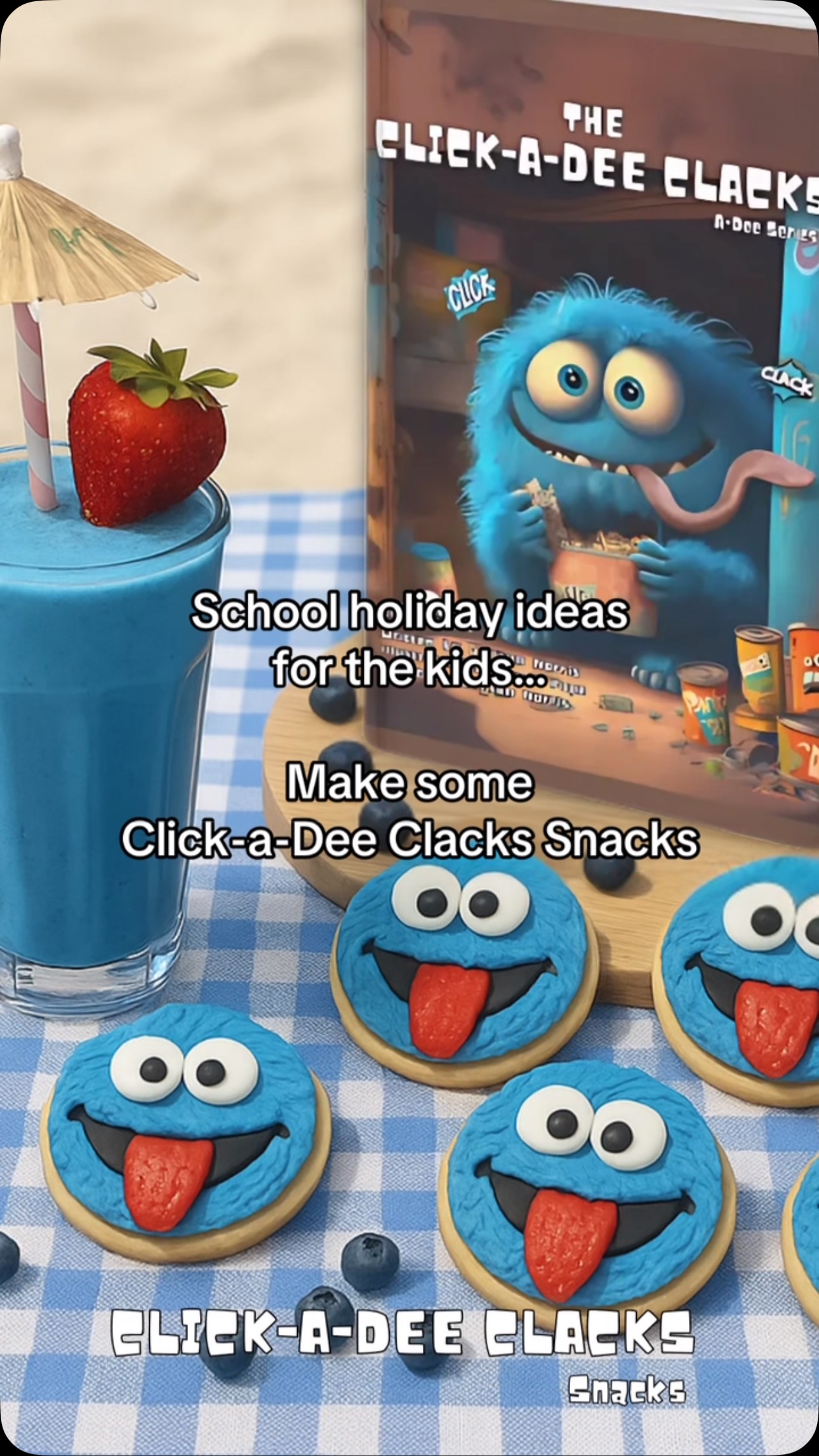 Click-a-Dee Clack Snacks!
Click-a-Dee Cookie & Clack Coconut Blueberry Smoothie
School Holidays are here! How about a Click-a-Dee Clack Picnic Party as an idea to keep the kids entertained!
Grab your pots, pans, and your loudest instruments—it’s time for a Click-a-Dee Clacks themed picnic!
We had a MONSTER of a time with our blue treats, inspired by the Click-a-dee Clacks book! Here’s how you can throw your own bright, noisy, blue-themed bash:
Blue Banana Blueberry Smoothie Recipe
A smoothie even the Click-a-dee Clacks would slurp up!
• 1 frozen banana
• 1/2 cup frozen blueberries
• 1/2 cup Greek yogurt
• 1/2 cup plant-based milk (or any milk)
• 1 tsp blue spirulina powder (for that magical blue hue!)
• 1 tsp honey or maple syrup (optional)
• 1 tsp coconut flakes
Blend until creamy and top with banana slices, blueberries, strawberries or shredded coconut!
Click-a-Dee Clack Cookie Recipe
Monster cookies with extra CLICK-A-DEE CLACK!
• 1 batch of your favorite sugar cookies (cut into circles)
• Blue frosting (buttercream or royal icing)
• Edible googly eyes
• Fondant or strawberry tongues (long, silly, and red!)
• Sprinkles, glitter to look like sand, or whatever your inner monster desires!
Decorate like Cookie Monsters, add a fondant tongue, and make sure they’re ready to click and clack at the party!
Don’t forget to bring your copy of The Click-a-dee Clacks book by Jayson Norris & Mandii Pope for storytime fun—and lots of noisy clicks and clacks!
Tag us in your monster picnic moments!
#ClickadeeClacks #MonsterPicnic #BlueSmoothieMagic #KidLitFun #LongWhiteCloudBooks #BookishPicnic