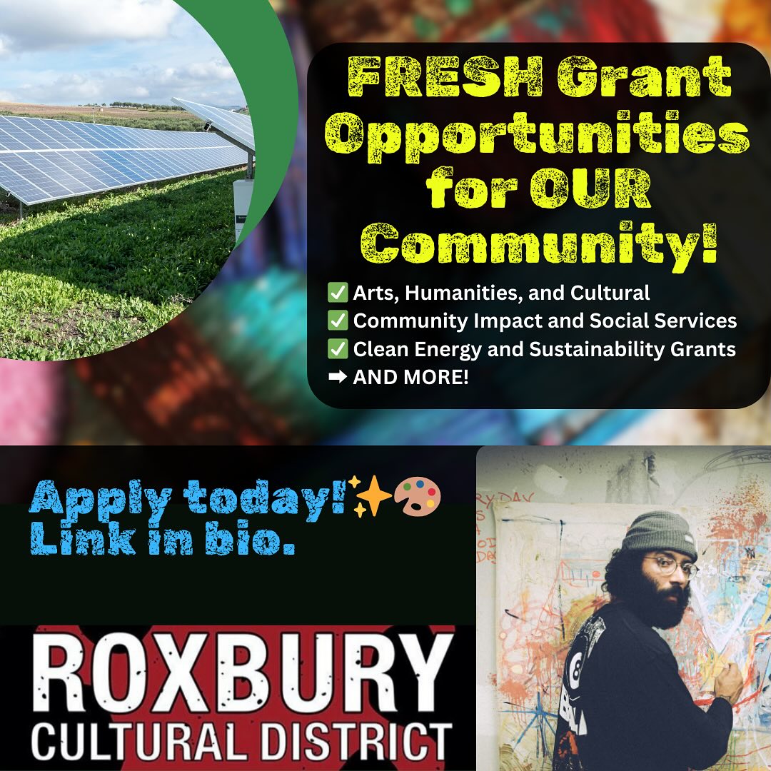 💸 Grant Opportunity Alert!
Are you an artist, creative, or cultural worker looking for funding to support your work? 🎨✨
The Mass Cultural Council is offering grants this season to uplift artists and culture bearers across Massachusetts. Whether you live, work, teach, or create in the arts community, this could be the support you’ve been waiting for!
✅ Open to individuals and organizations
✅ Supports creative projects, community programming, and more
✅ Application deadlines vary – don’t wait!
🔗 Visit for details, eligibility, and deadlines.
📣 Spread the word to fellow creatives!
#GrantOpportunity #MassCulturalCouncil #ArtistFunding #SupportTheArts #CreativeCommunity #MassArtists #ArtistOpportunities #CallForArtists #GrantsForArtists #PublicArt #BostonArtists #BostonArt #Grants #GrantsForCreatives #GrantAlert #Roxbury #Culture #BIPOC #POC #Money #Funding #RoxburyCulturalDistrict #Roxbury #RoxburyCulture #RoxburyArt #SupportRoxburyArtists #RoxburyEvents #RoxburyCommunity #CulturalDistrict #CelebrateRoxbury