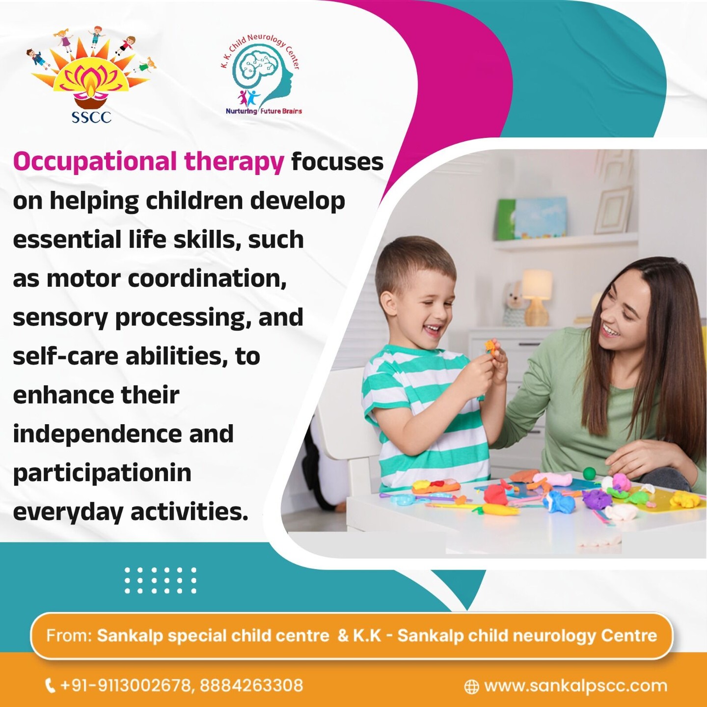 🌟 Occupational therapy helps children shine by building vital life skills! 🧠✨ From improving motor coordination 🖐️ and sensory processing 🎨 to mastering self-care skills 🛁, OT empowers kids to grow independently and participate fully in daily life. 💪💚 At Sankalp Special Child Centre & K.K. Child Neurology Centre, we’re dedicated to nurturing future brains with love and expertise. 👩⚕️👶
📞 Call us today to support your child’s journey!
🌐 www.sankalpscc.com
#OccupationalTherapy #ChildDevelopment #SpecialNeedsSupport #SankalpCentre #TherapyForKids #MotorSkills #IndependenceMatters #SensoryPlay #ParentSupport #BrightFuture 🌈🧸